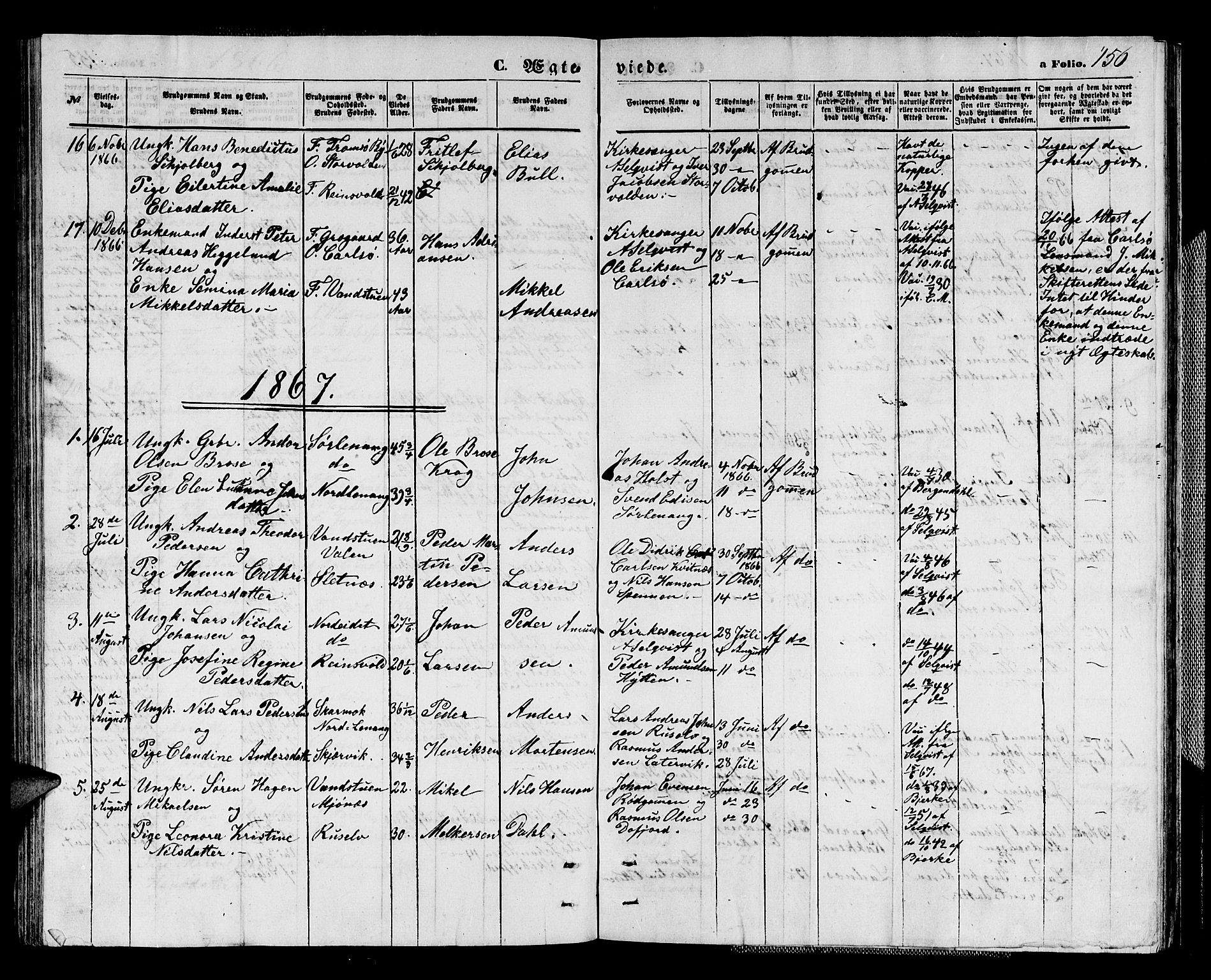 Karlsøy sokneprestembete, AV/SATØ-S-1299/H/Ha/Hab/L0003klokker: Klokkerbok nr. 3, 1862-1877, s. 156