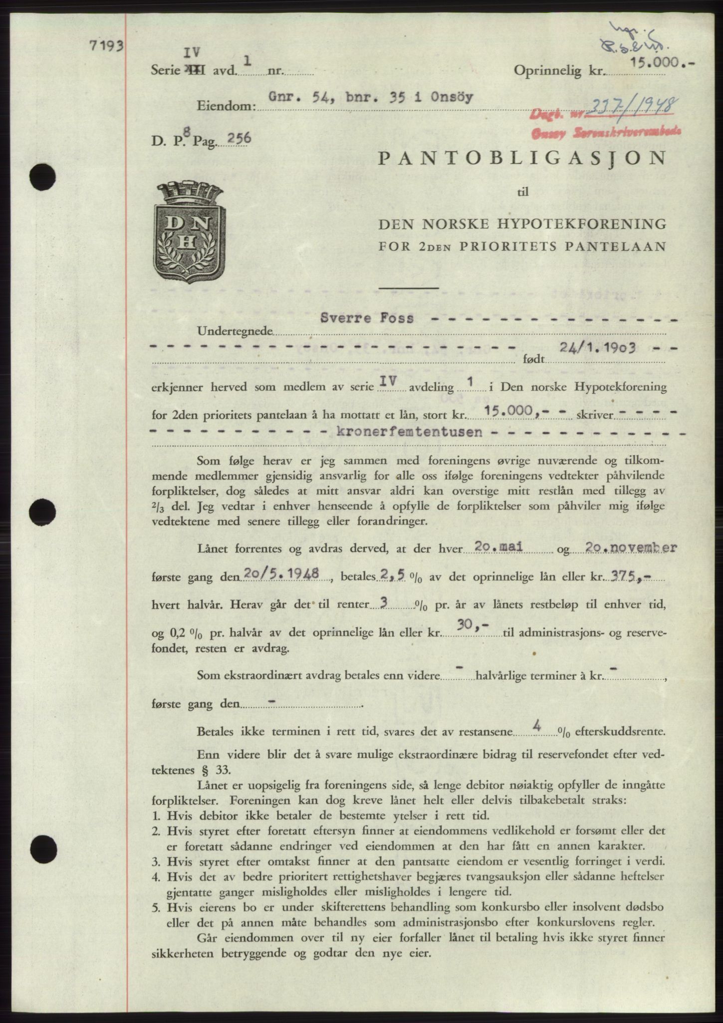 Onsøy sorenskriveri, SAO/A-10474/G/Ga/Gac/L0006: Pantebok nr. B 12-6, 1947-1948, Dagboknr: 337/1948