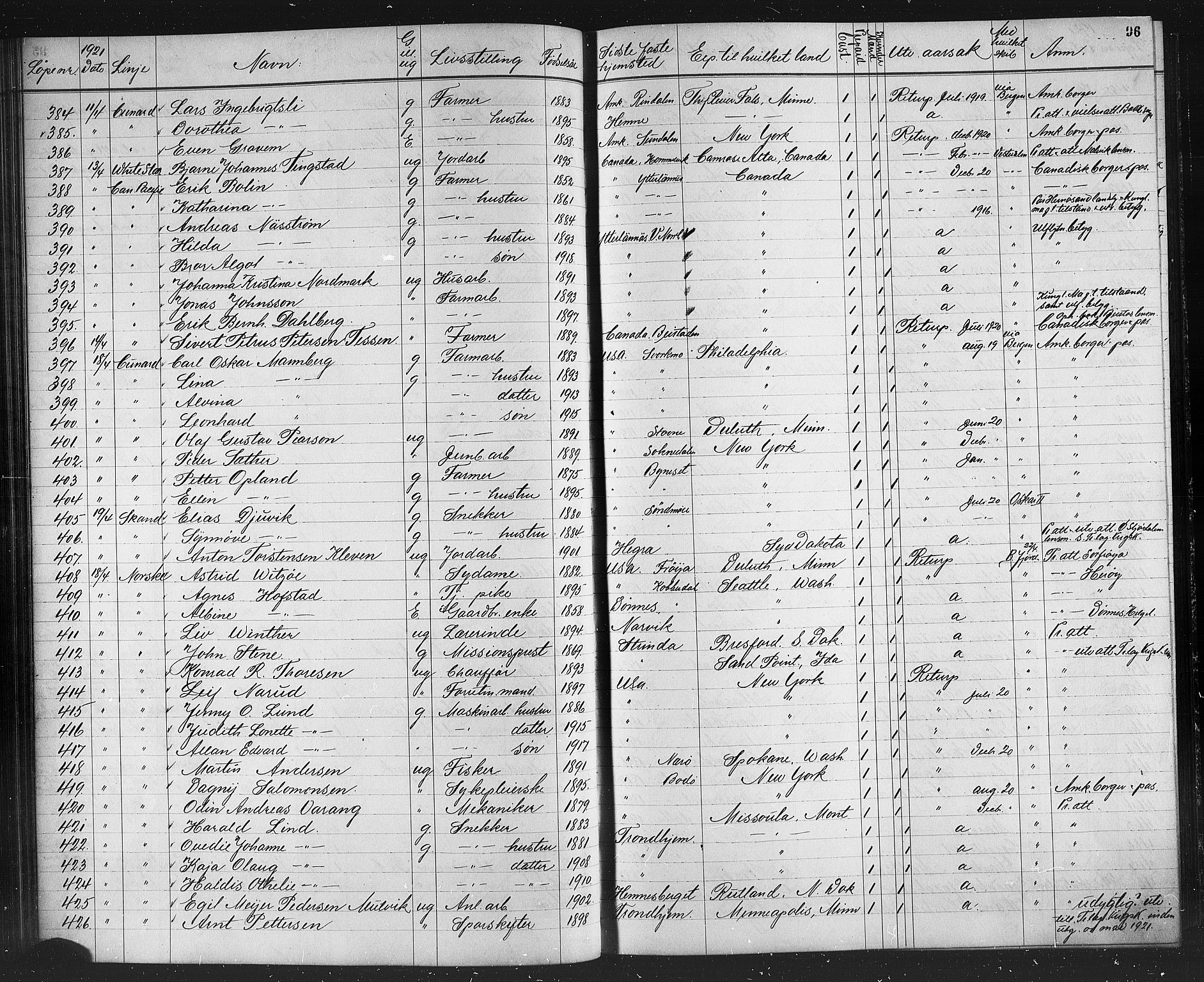 Trondheim politikammer, AV/SAT-A-1887/1/32/L0016: Emigrantprotokoll XV, 1916-1926, s. 96