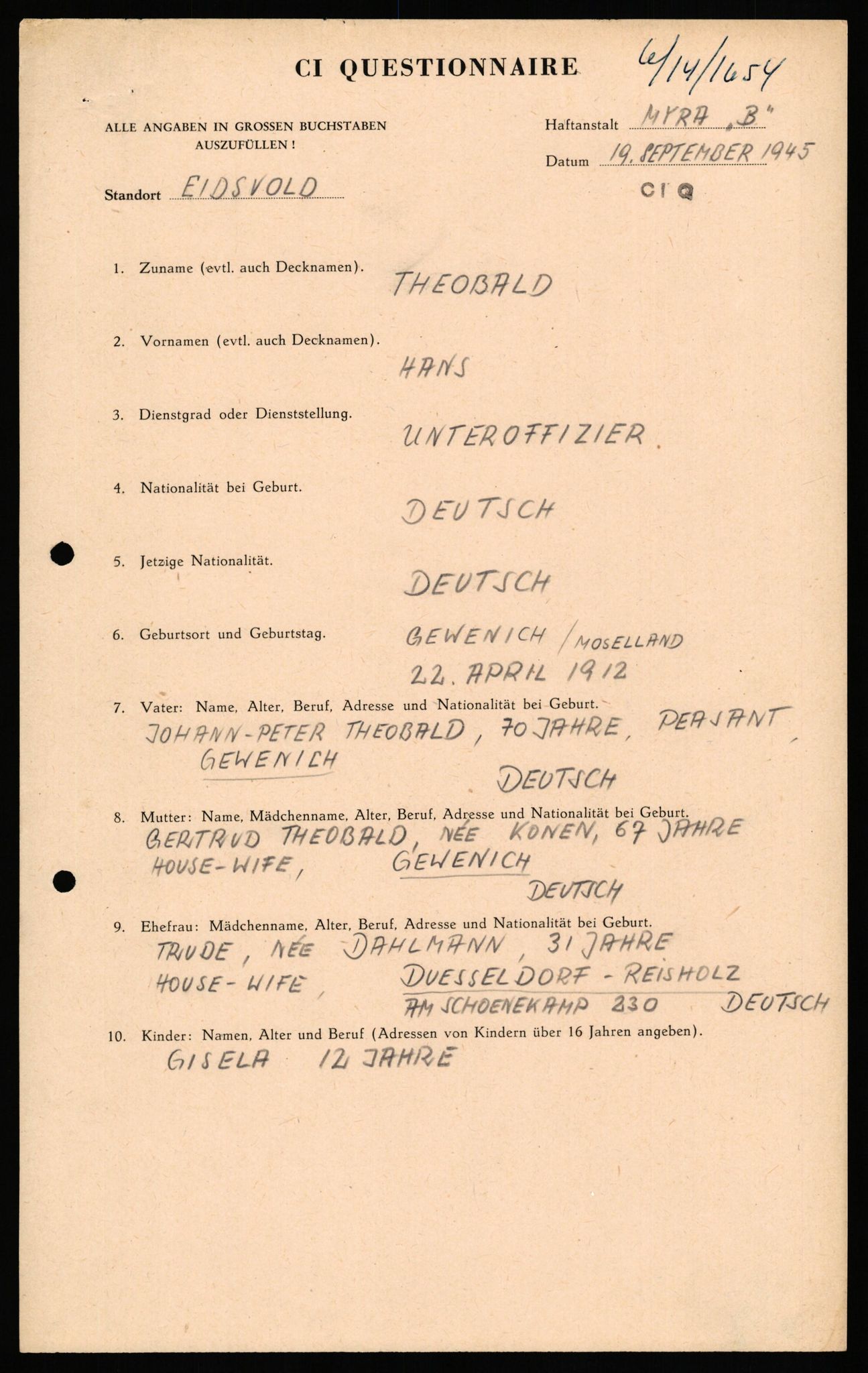 Forsvaret, Forsvarets overkommando II, AV/RA-RAFA-3915/D/Db/L0033: CI Questionaires. Tyske okkupasjonsstyrker i Norge. Tyskere., 1945-1946, s. 424