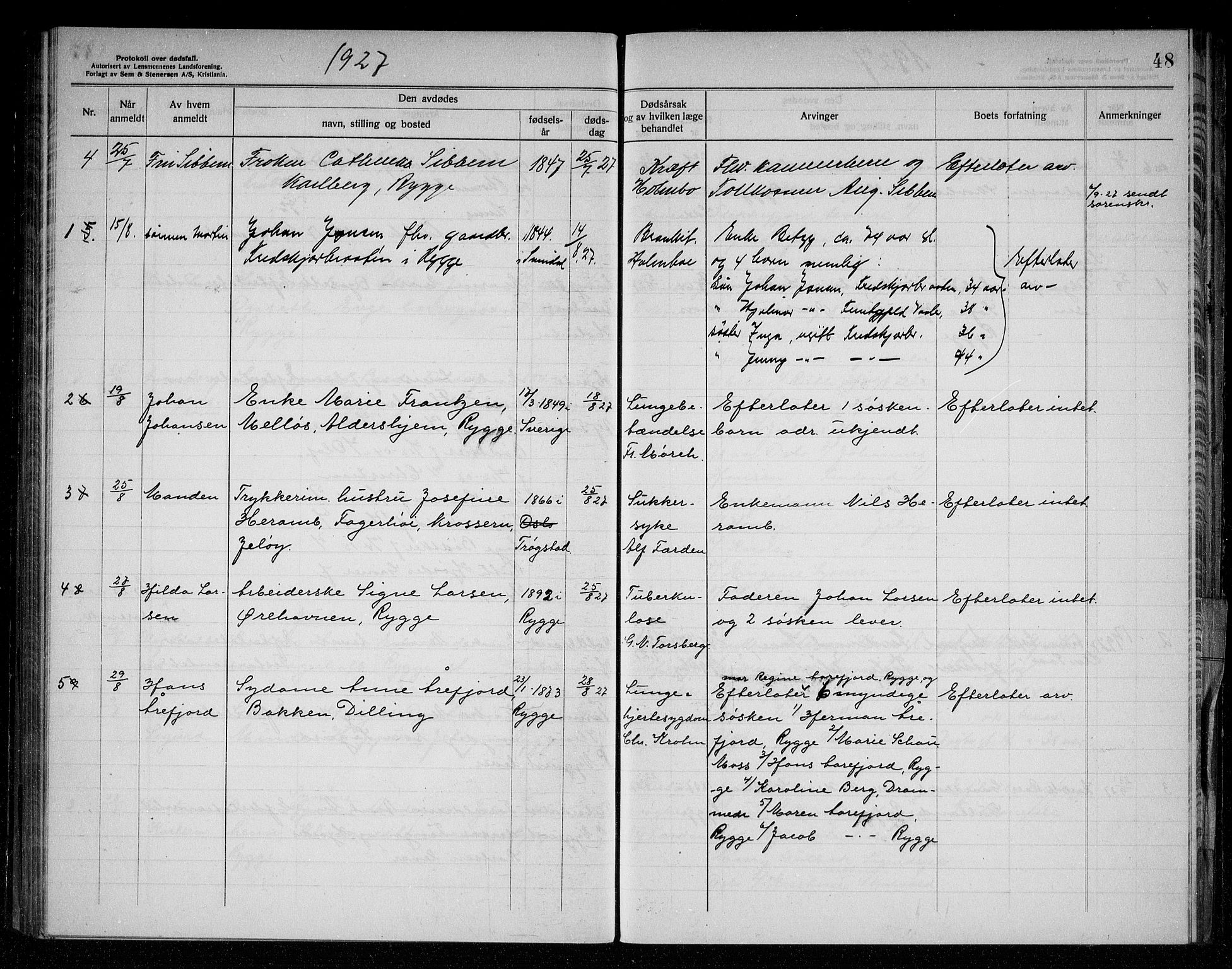 Rygge lensmannskontor, SAO/A-10005/H/Ha/Haa/L0008: Dødsfallsprotokoll, 1925-1929, s. 48