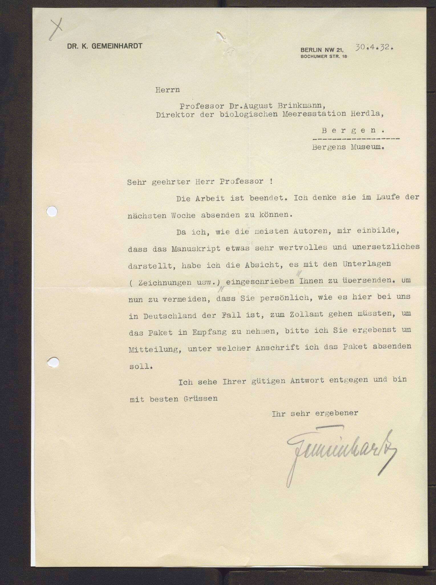Bergens Museum, AV/SAB-A-17301/13/D/L0002: Korrespondanse , 1928-1940, s. 470