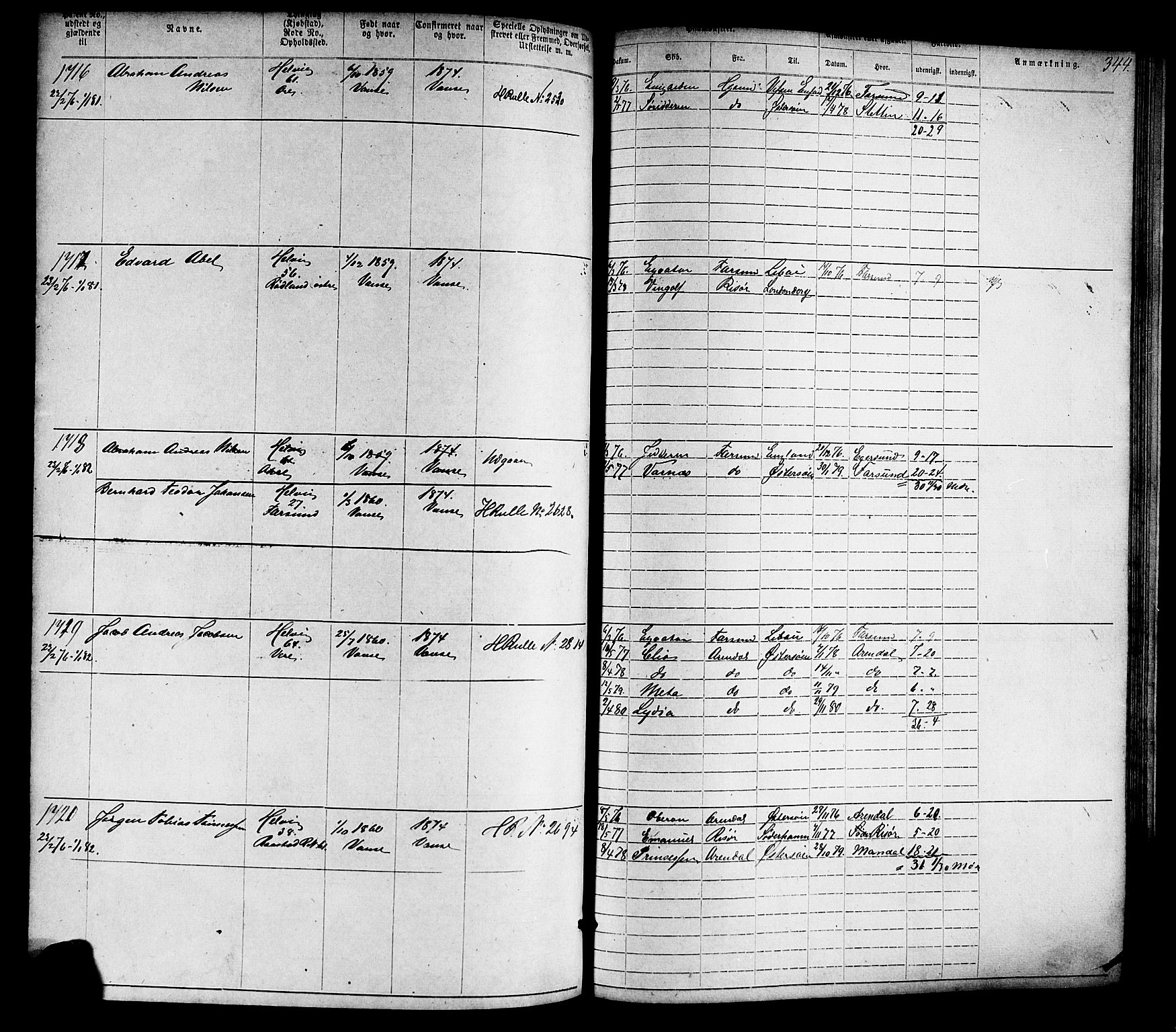 Farsund mønstringskrets, SAK/2031-0017/F/Fa/L0005: Annotasjonsrulle nr 1-1910 med register, Z-2, 1869-1877, s. 374