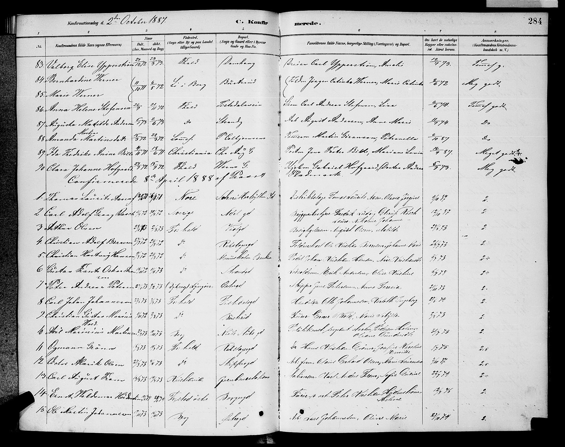 Halden prestekontor Kirkebøker, AV/SAO-A-10909/G/Ga/L0008: Klokkerbok nr. 8, 1885-1899, s. 284