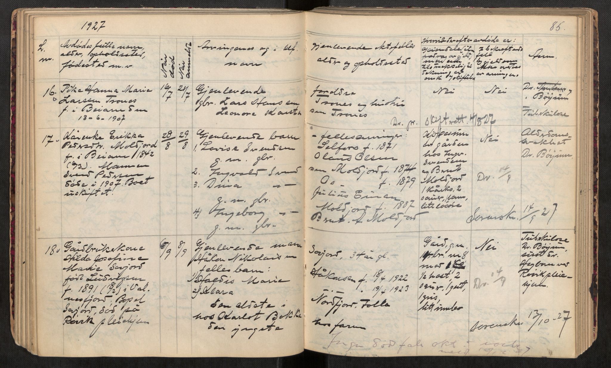 Beiarn lensmannskontor, AV/SAT-A-5676/2/Ga/L0002: Dødsfallprotokoll, 1917-1932, s. 85