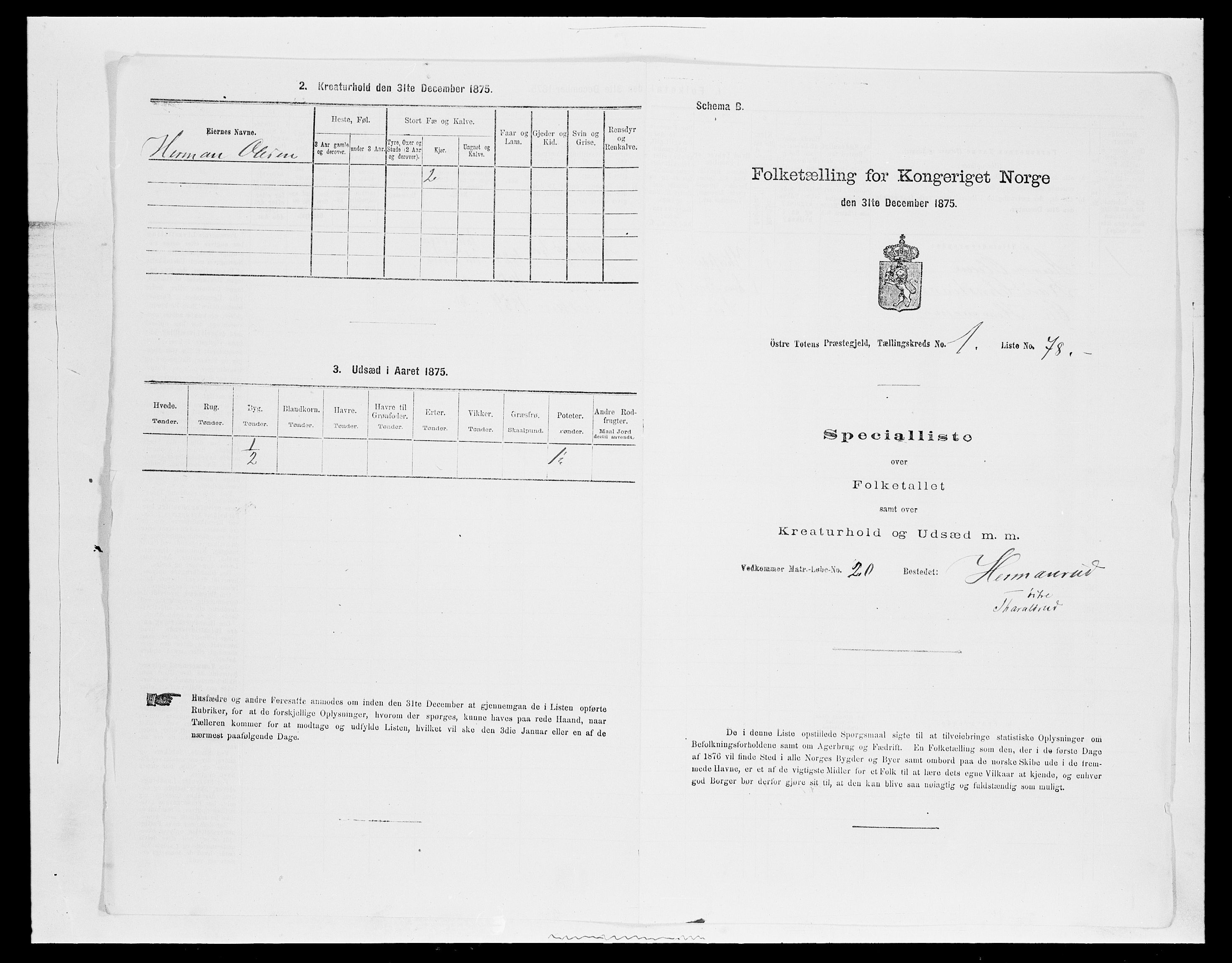 SAH, Folketelling 1875 for 0528P Østre Toten prestegjeld, 1875, s. 338