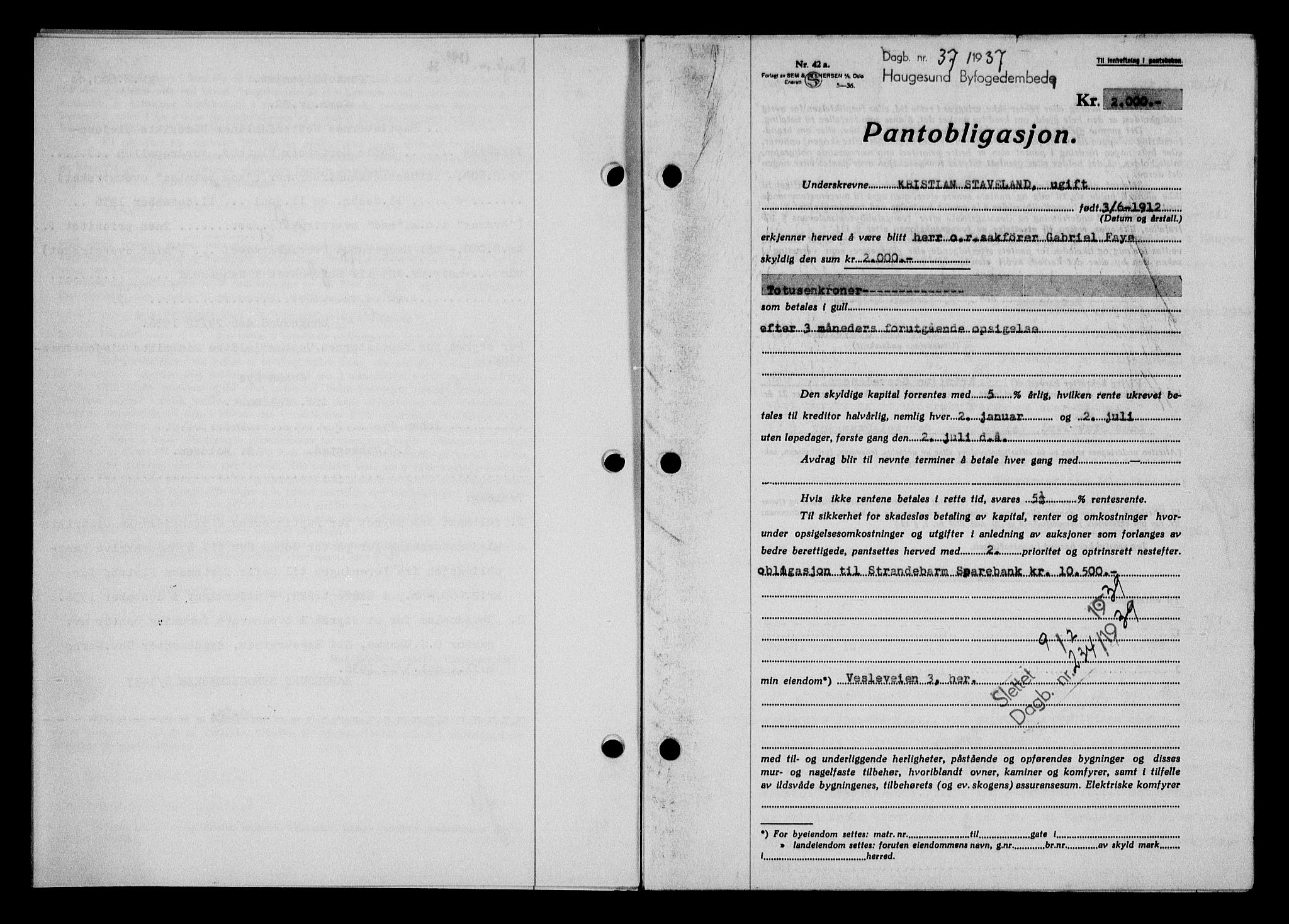 Haugesund tingrett, SAST/A-101415/01/II/IIC/L0031: Pantebok nr. 31, 1936-1938, Dagboknr: 37/1937