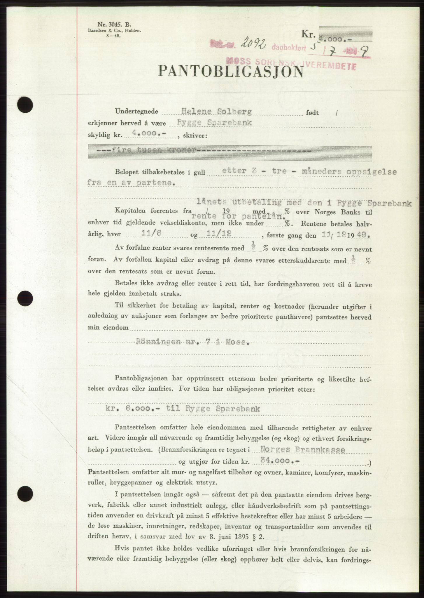 Moss sorenskriveri, SAO/A-10168: Pantebok nr. B22, 1949-1949, Dagboknr: 2092/1949