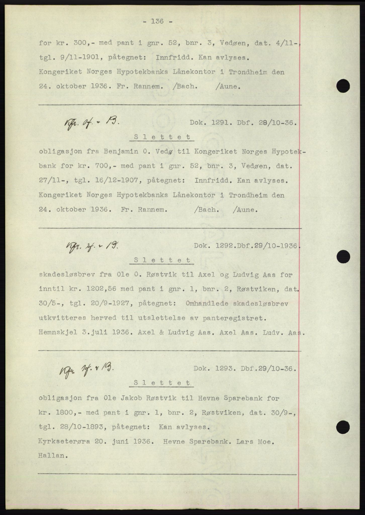 Hitra sorenskriveri, AV/SAT-A-0018/2/2C/2Ca: Pantebok nr. C1, 1936-1945, Dagboknr: 1291/1936