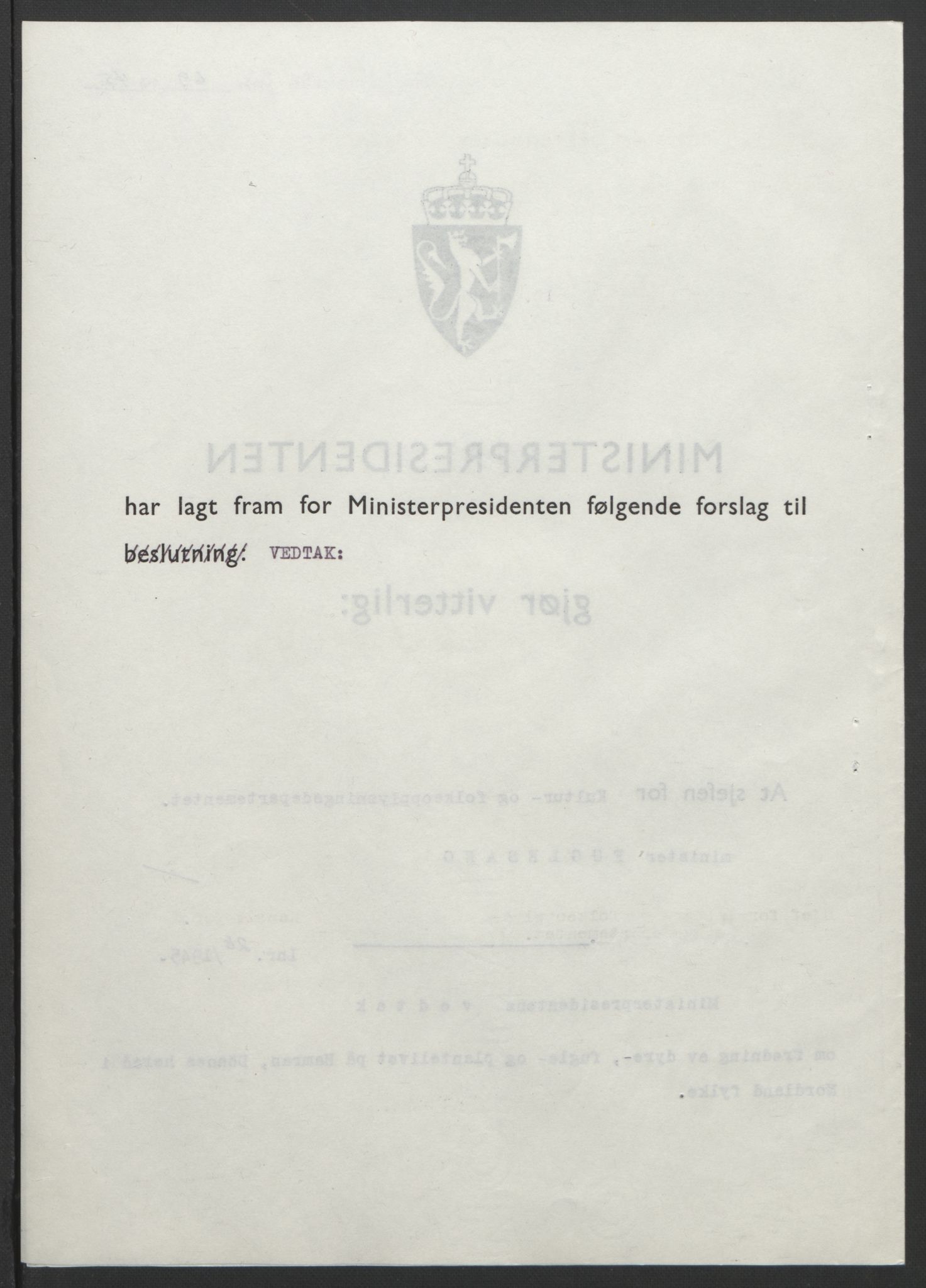 NS-administrasjonen 1940-1945 (Statsrådsekretariatet, de kommisariske statsråder mm), RA/S-4279/D/Db/L0101/0001: -- / Lover og vedtak, 1945, s. 242