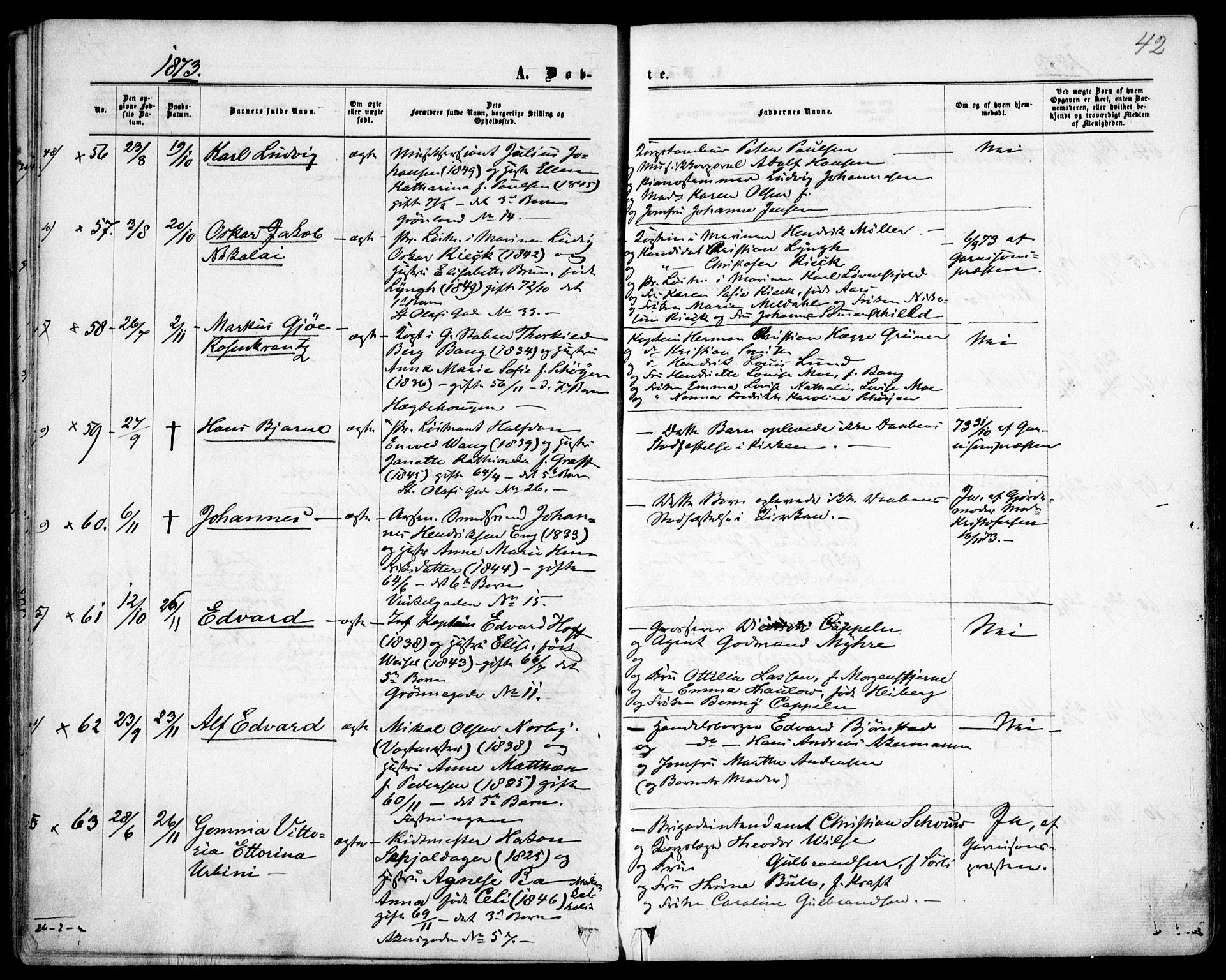 Garnisonsmenigheten Kirkebøker, AV/SAO-A-10846/F/Fa/L0011: Ministerialbok nr. 11, 1870-1880, s. 42