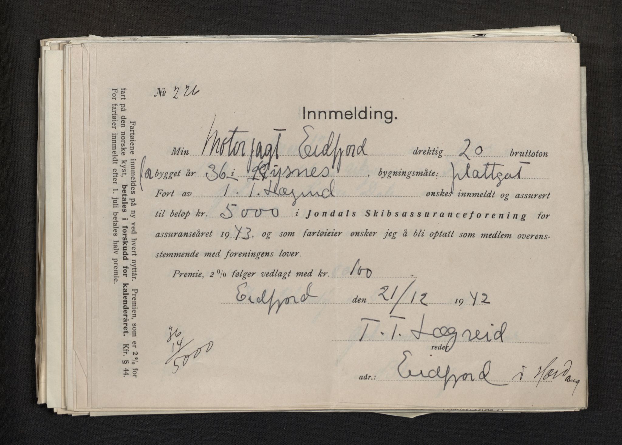 Jondal Skipsassuranseforening, AV/SAB-SAB/PA-0276/E/L0113: Korrespondanse , 1943