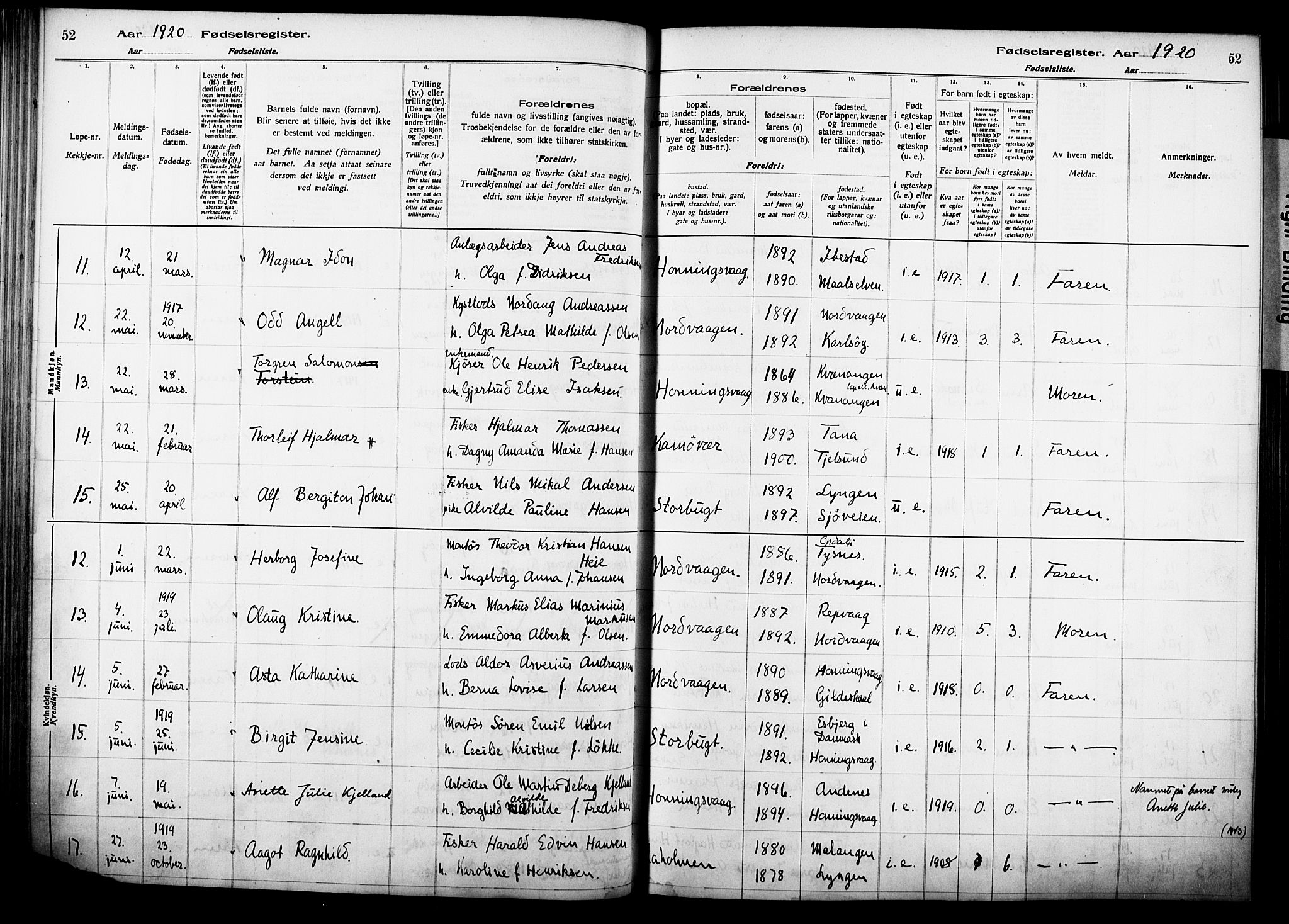 Kjelvik/Nordkapp sokneprestkontor, AV/SATØ-S-1350/I/Ia/L0015: Fødselsregister nr. 15, 1916-1930, s. 52