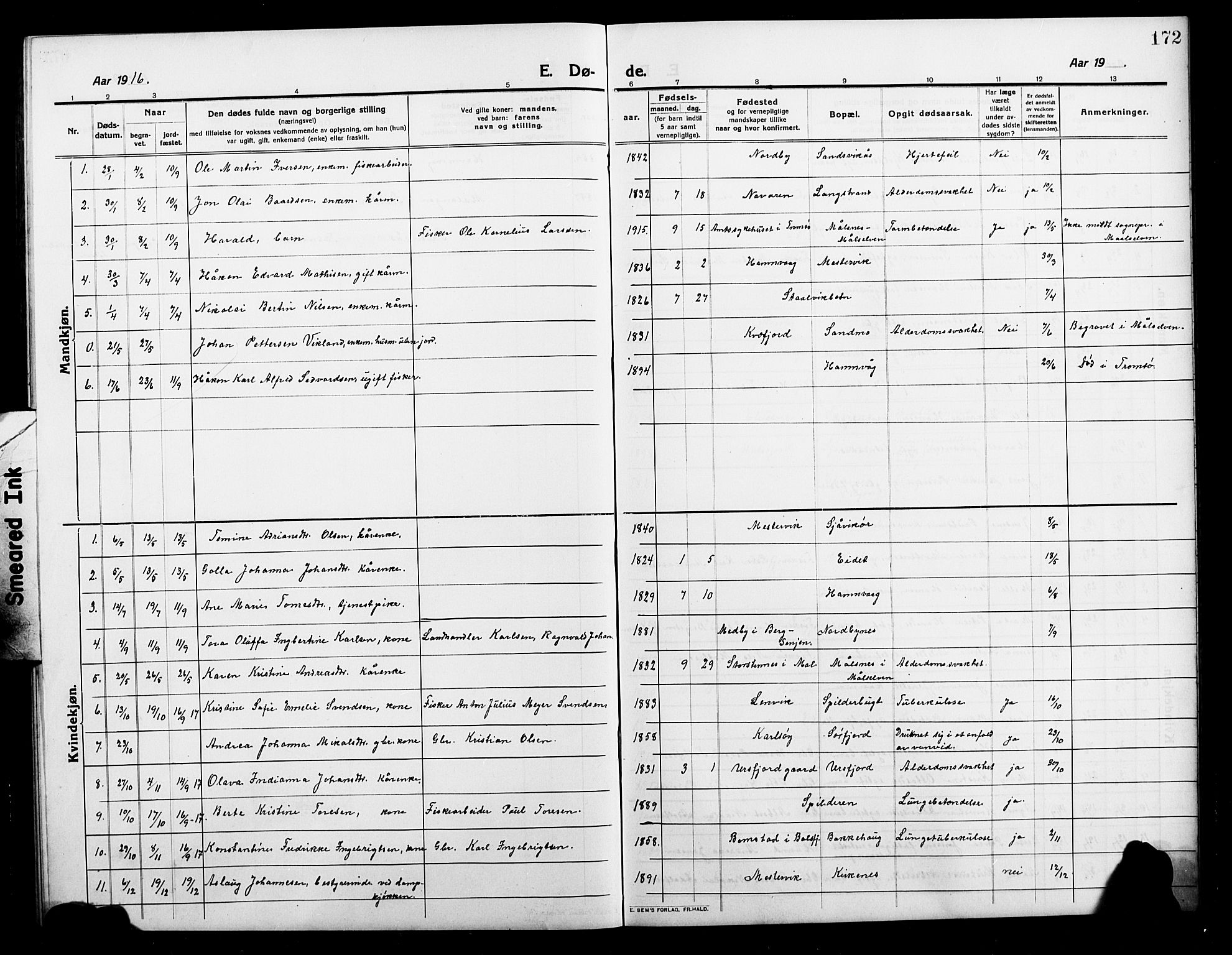 Balsfjord sokneprestembete, SATØ/S-1303/G/Ga/L0004klokker: Klokkerbok nr. 4, 1910-1926, s. 172