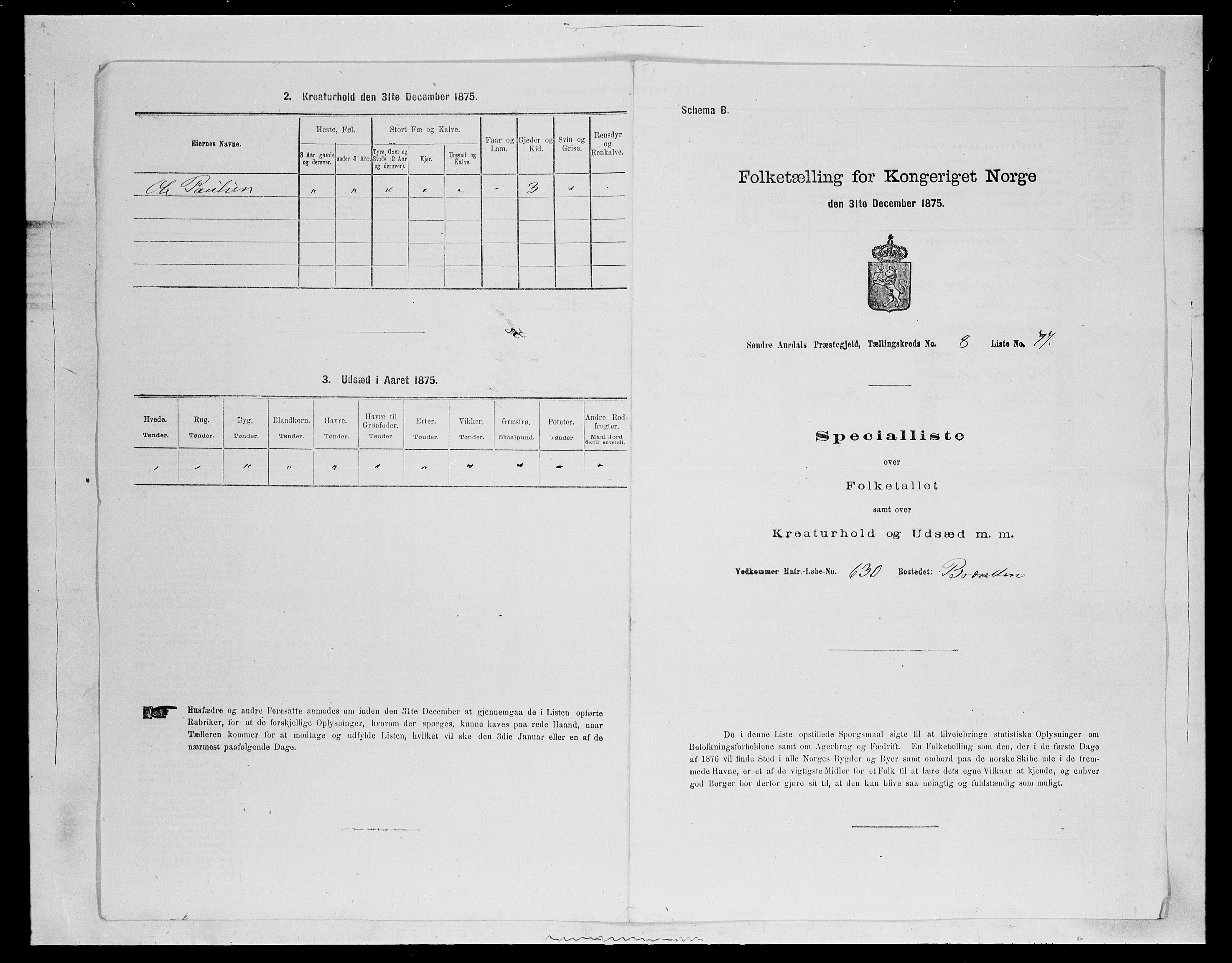 SAH, Folketelling 1875 for 0540P Sør-Aurdal prestegjeld, 1875, s. 1441