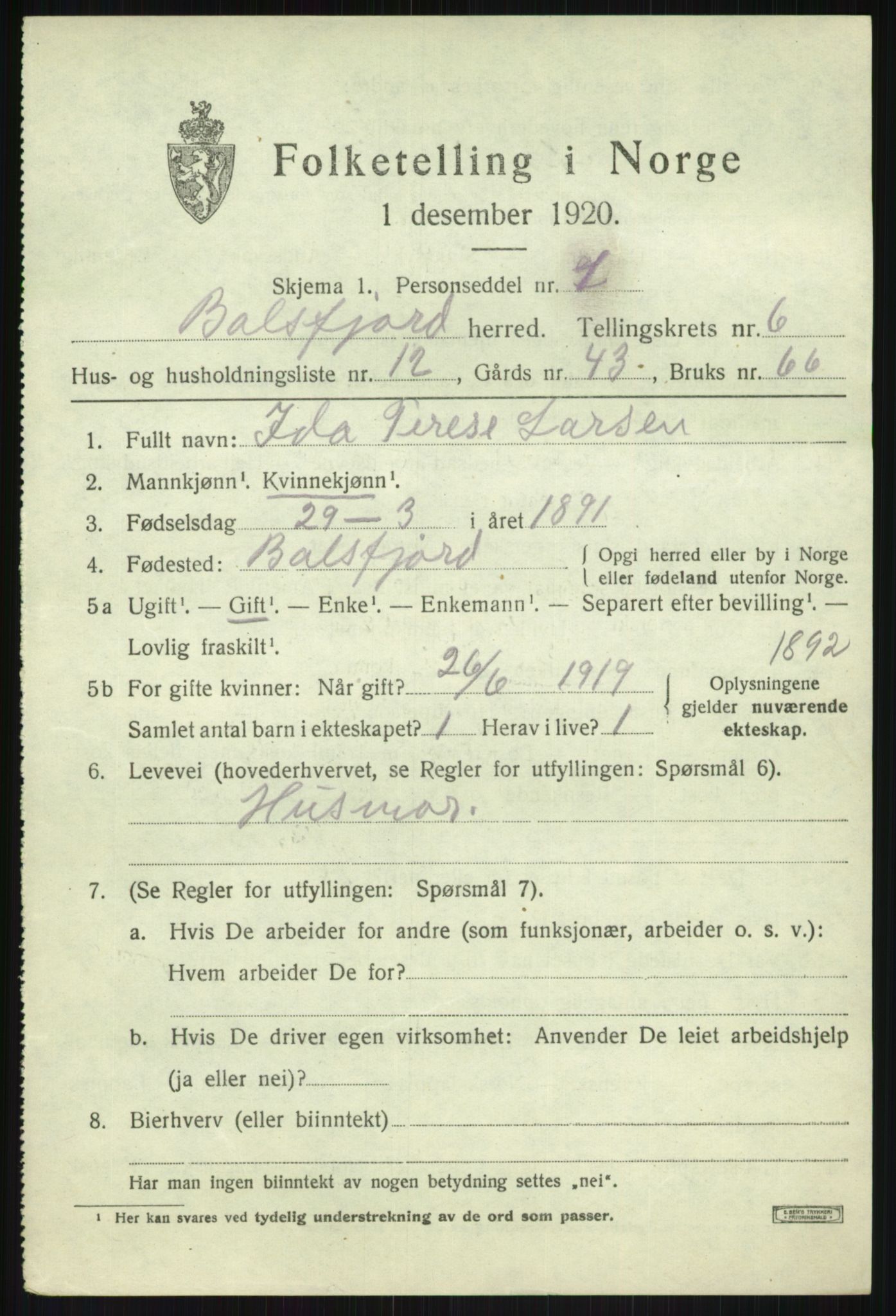 SATØ, Folketelling 1920 for 1933 Balsfjord herred, 1920, s. 3854