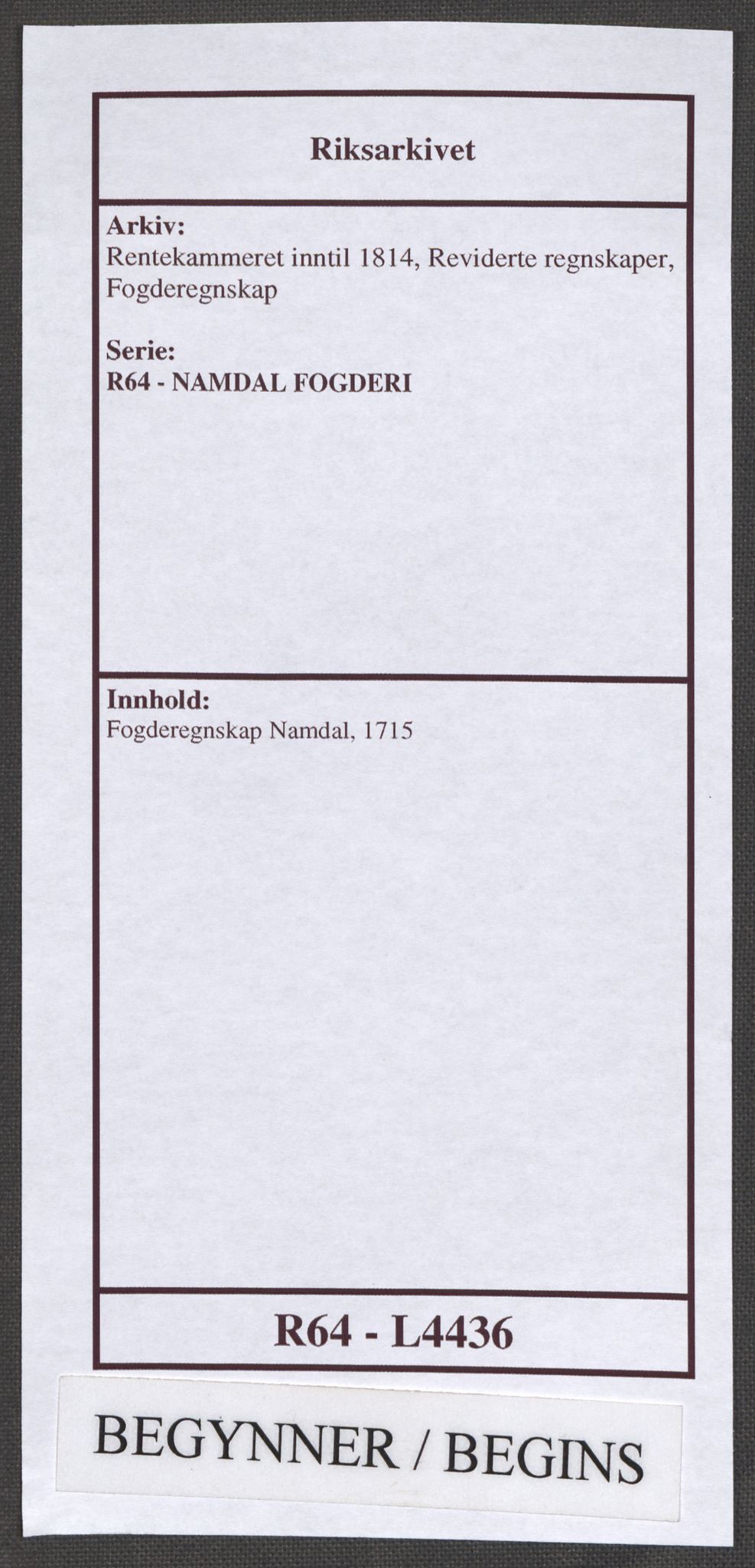 Rentekammeret inntil 1814, Reviderte regnskaper, Fogderegnskap, RA/EA-4092/R64/L4436: Fogderegnskap Namdal, 1715, s. 1