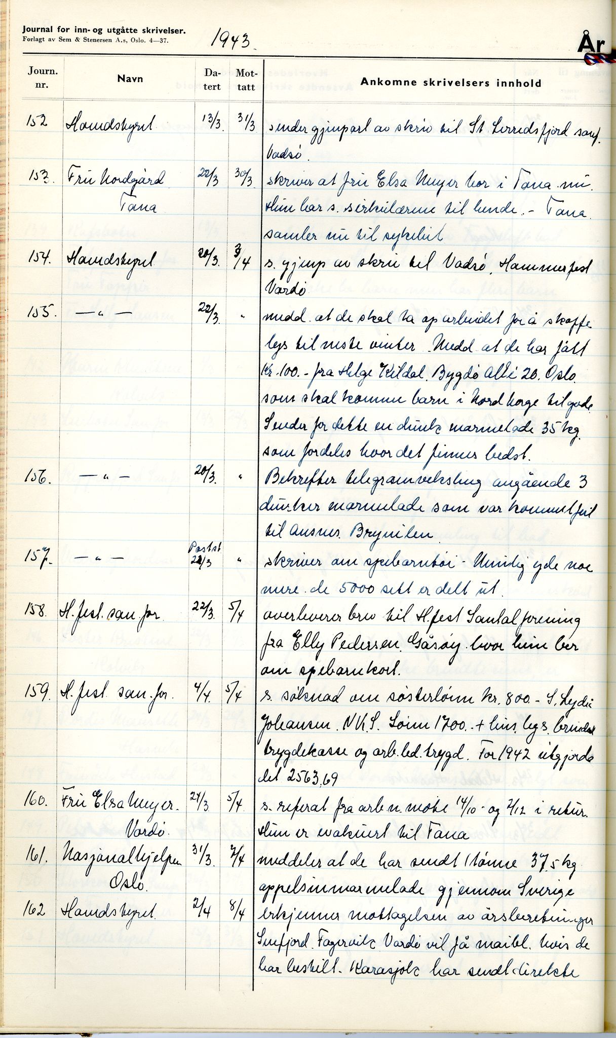 Norske Kvinners Sanitetsforening Finnmark , FMFB/A-1006/C/L0008: Journal for inn- og utgåtte brev, 1938-1944