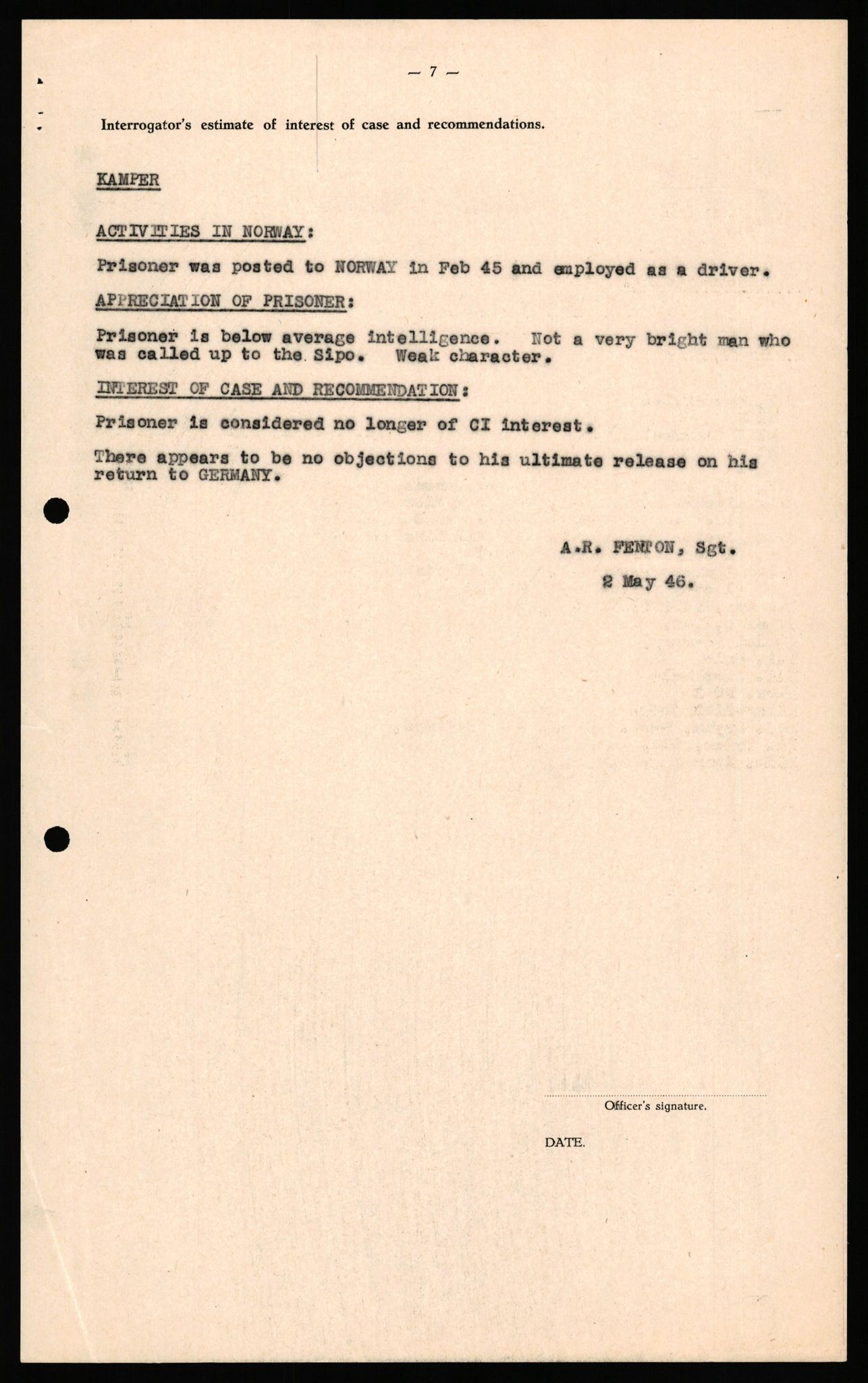 Forsvaret, Forsvarets overkommando II, RA/RAFA-3915/D/Db/L0039: CI Questionaires. Tyske okkupasjonsstyrker i Norge. Østerrikere., 1945-1946, s. 153