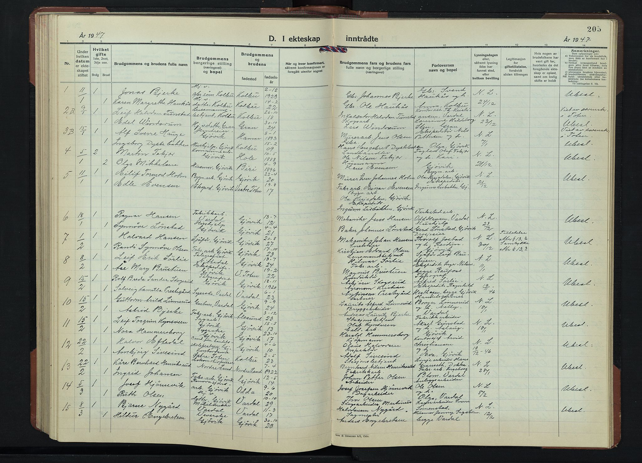 Gjøvik prestekontor, AV/SAH-PREST-098/H/Ha/Hab/L0001: Klokkerbok nr. 1, 1941-1951, s. 205