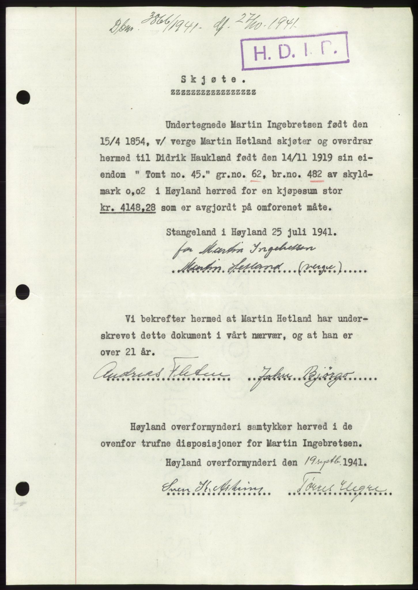 Jæren sorenskriveri, SAST/A-100310/03/G/Gba/L0081: Pantebok, 1941-1941, Dagboknr: 3866/1941