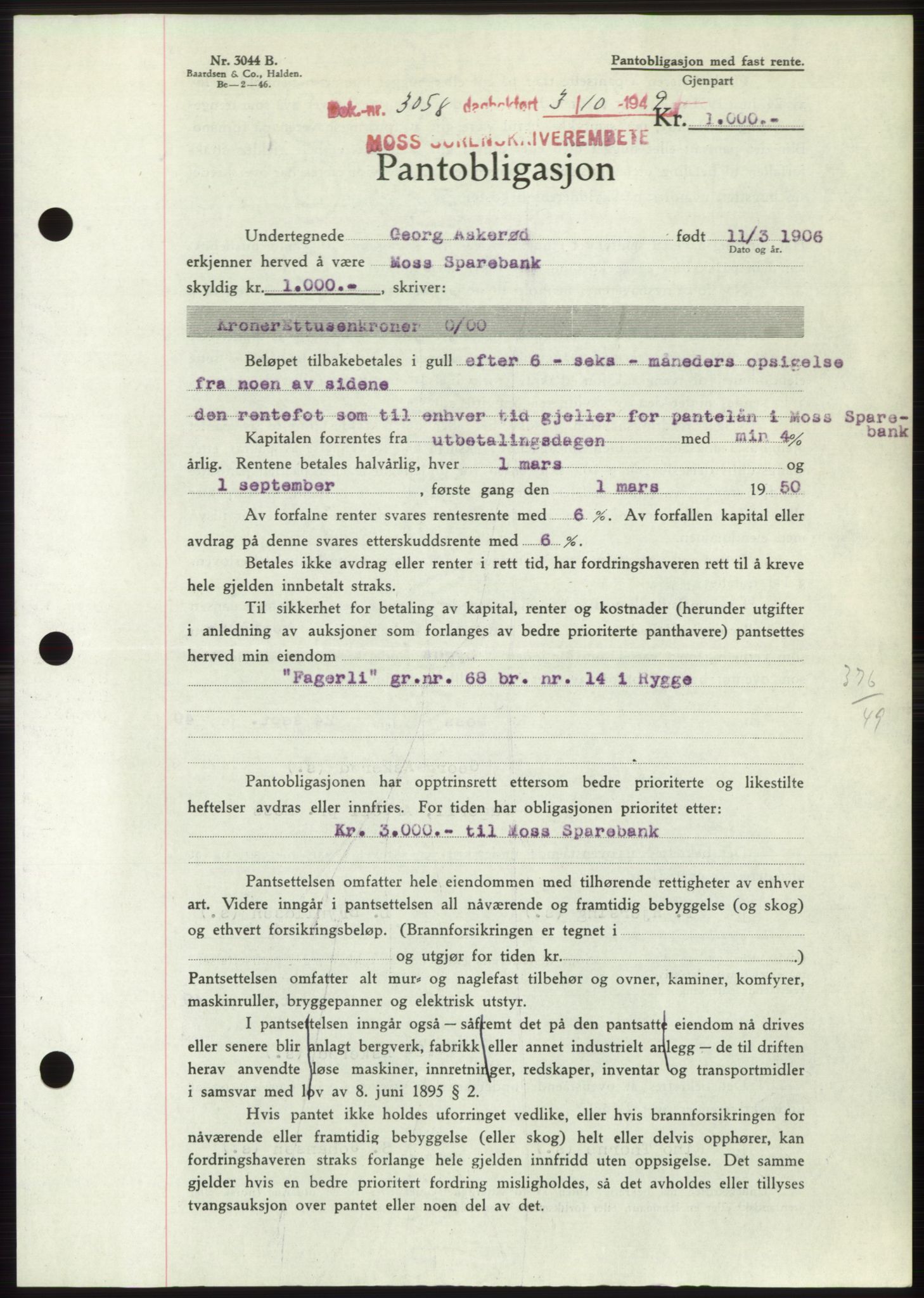 Moss sorenskriveri, SAO/A-10168: Pantebok nr. B22, 1949-1949, Dagboknr: 3058/1949
