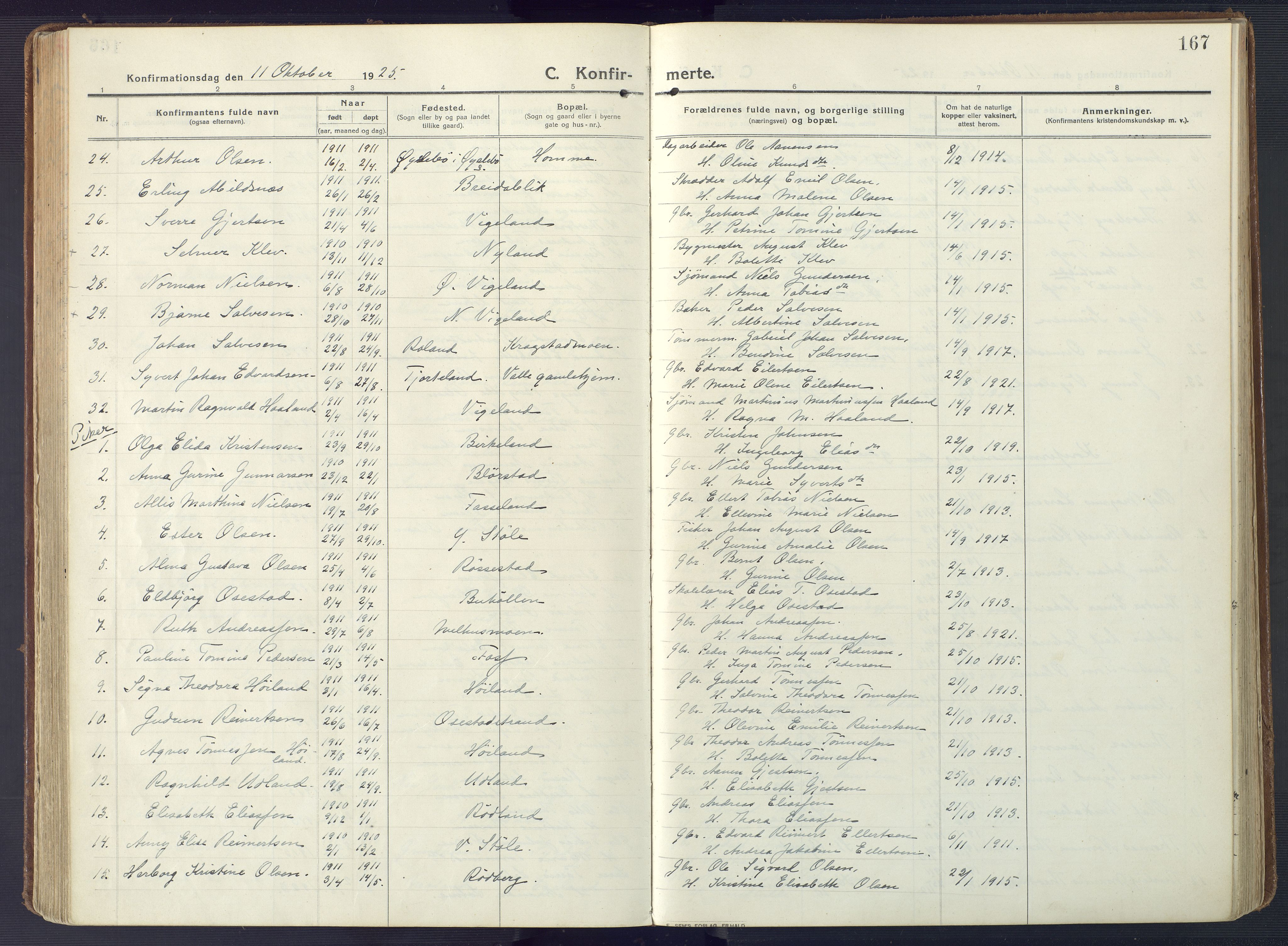 Sør-Audnedal sokneprestkontor, AV/SAK-1111-0039/F/Fa/Fab/L0011: Ministerialbok nr. A 11, 1912-1938, s. 167