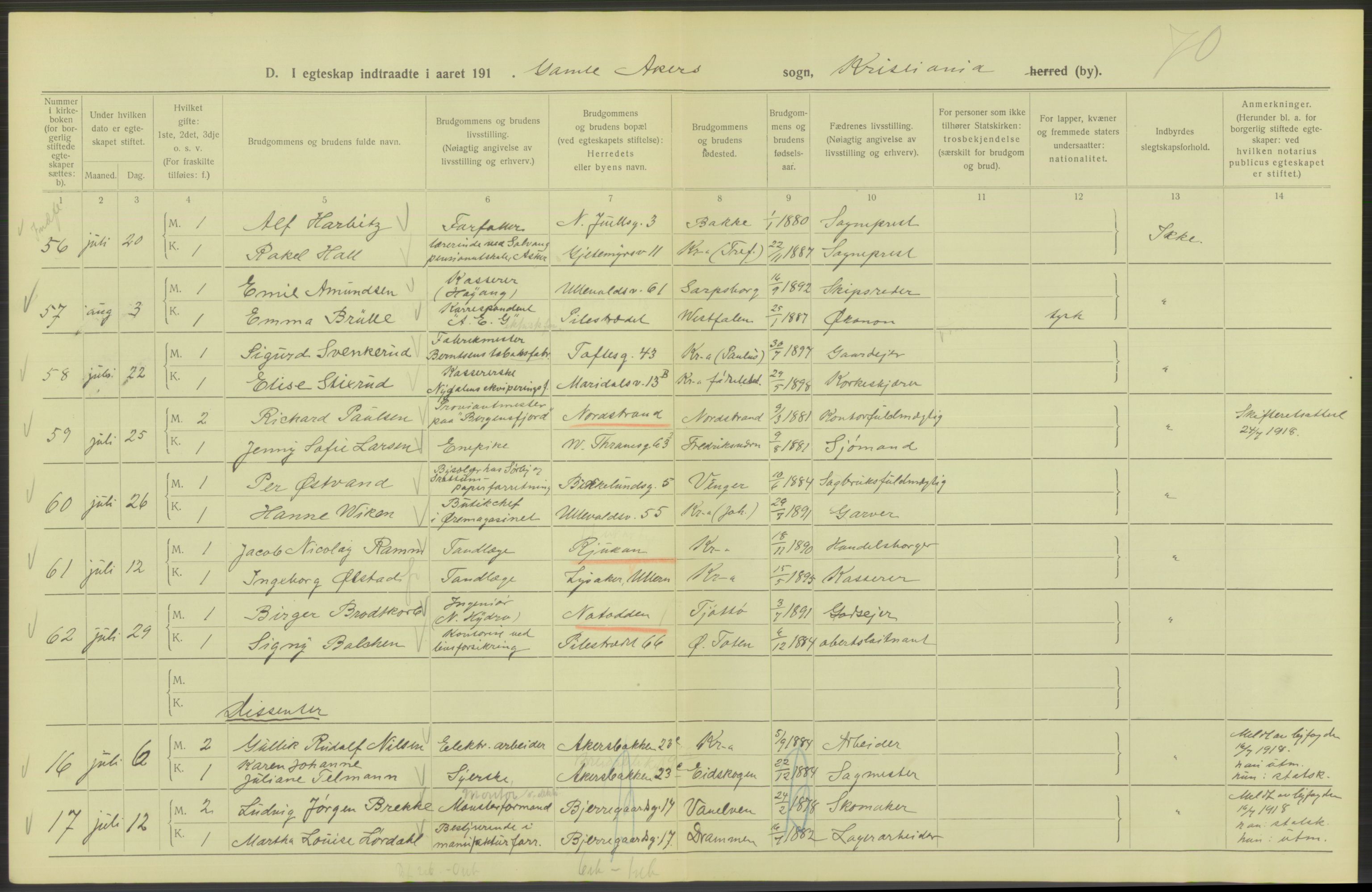 Statistisk sentralbyrå, Sosiodemografiske emner, Befolkning, AV/RA-S-2228/D/Df/Dfb/Dfbh/L0009: Kristiania: Gifte, 1918, s. 318