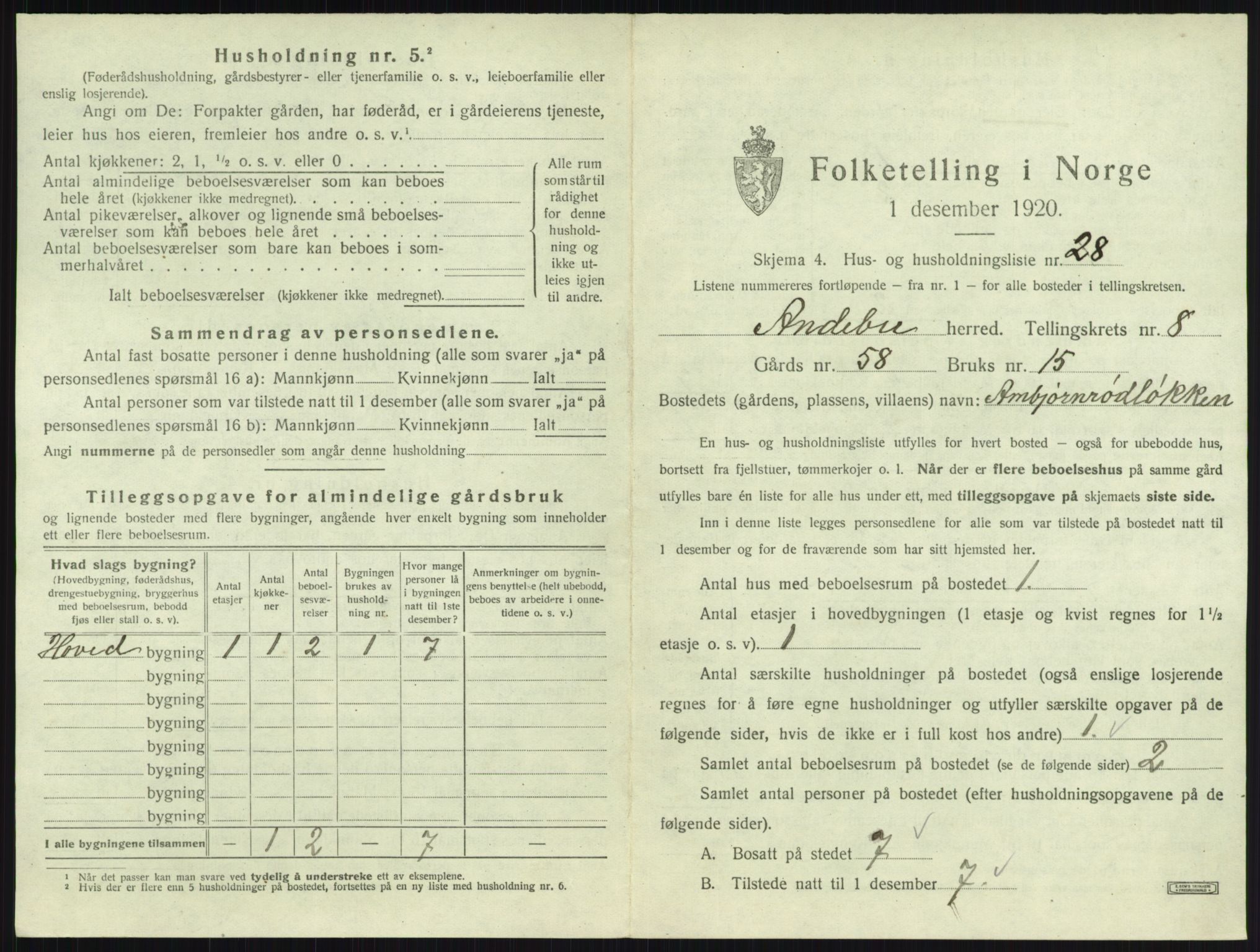 SAKO, Folketelling 1920 for 0719 Andebu herred, 1920, s. 516