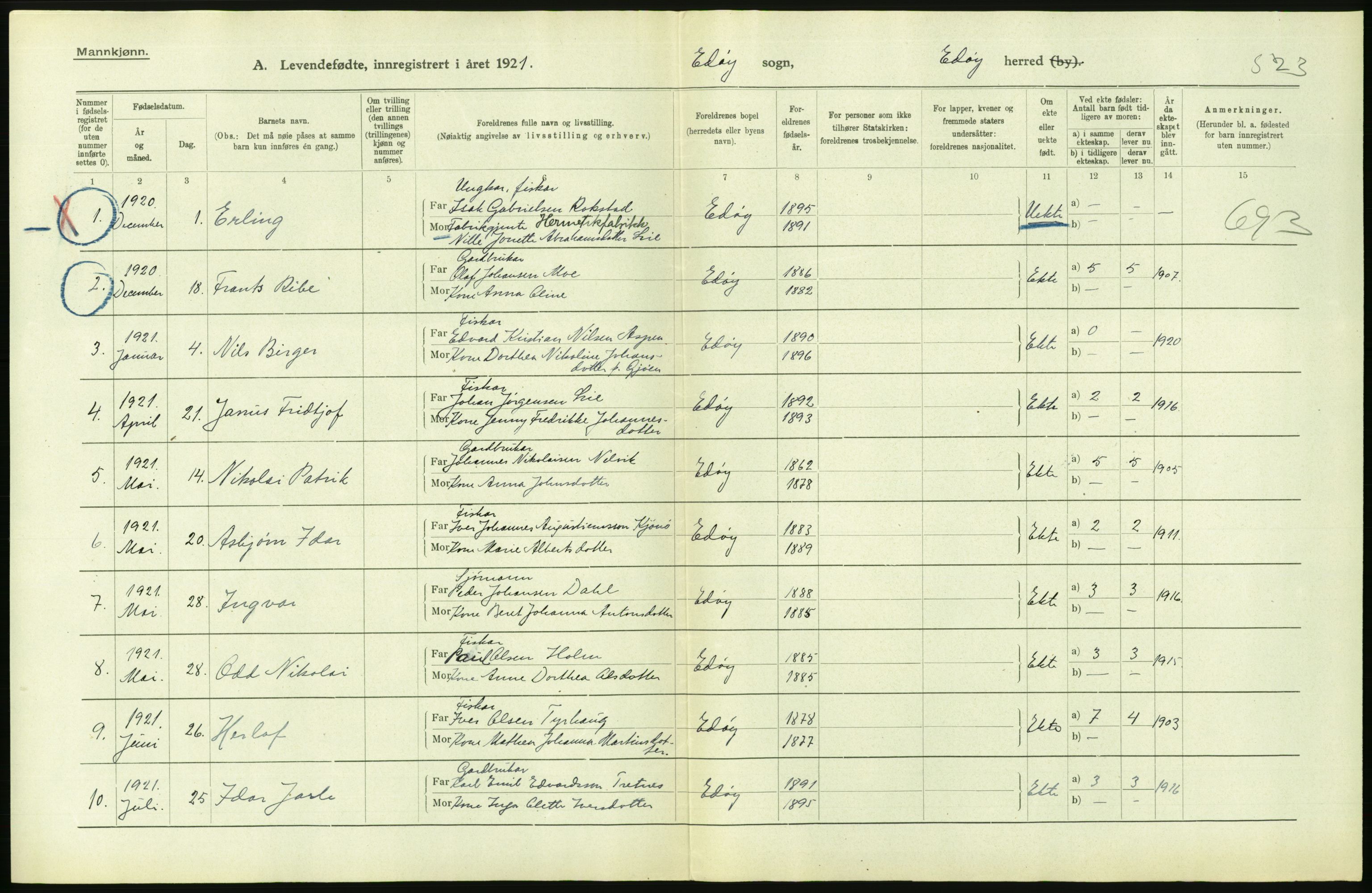 Statistisk sentralbyrå, Sosiodemografiske emner, Befolkning, RA/S-2228/D/Df/Dfc/Dfca/L0040: Møre fylke: Levendefødte menn og kvinner. Bygder., 1921, s. 630