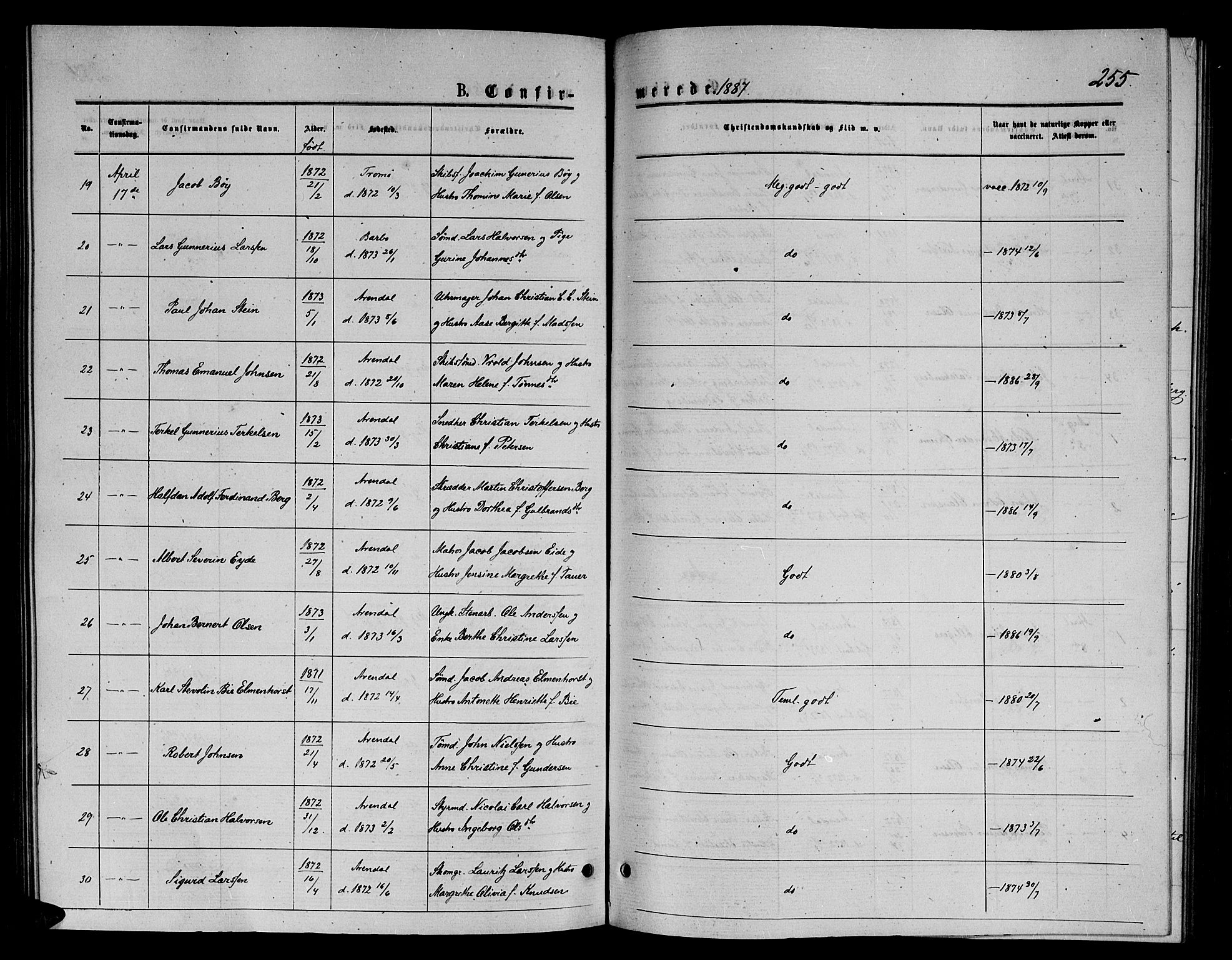 Arendal sokneprestkontor, Trefoldighet, AV/SAK-1111-0040/F/Fb/L0005: Klokkerbok nr. B 5, 1874-1888, s. 255