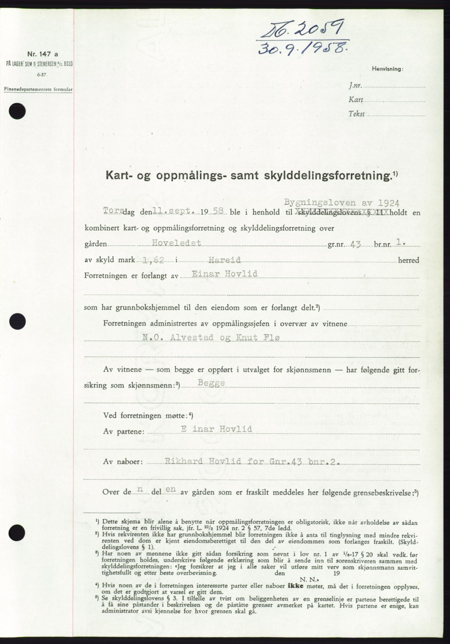 Søre Sunnmøre sorenskriveri, AV/SAT-A-4122/1/2/2C/L0110: Pantebok nr. 36A, 1958-1958, Dagboknr: 2059/1958