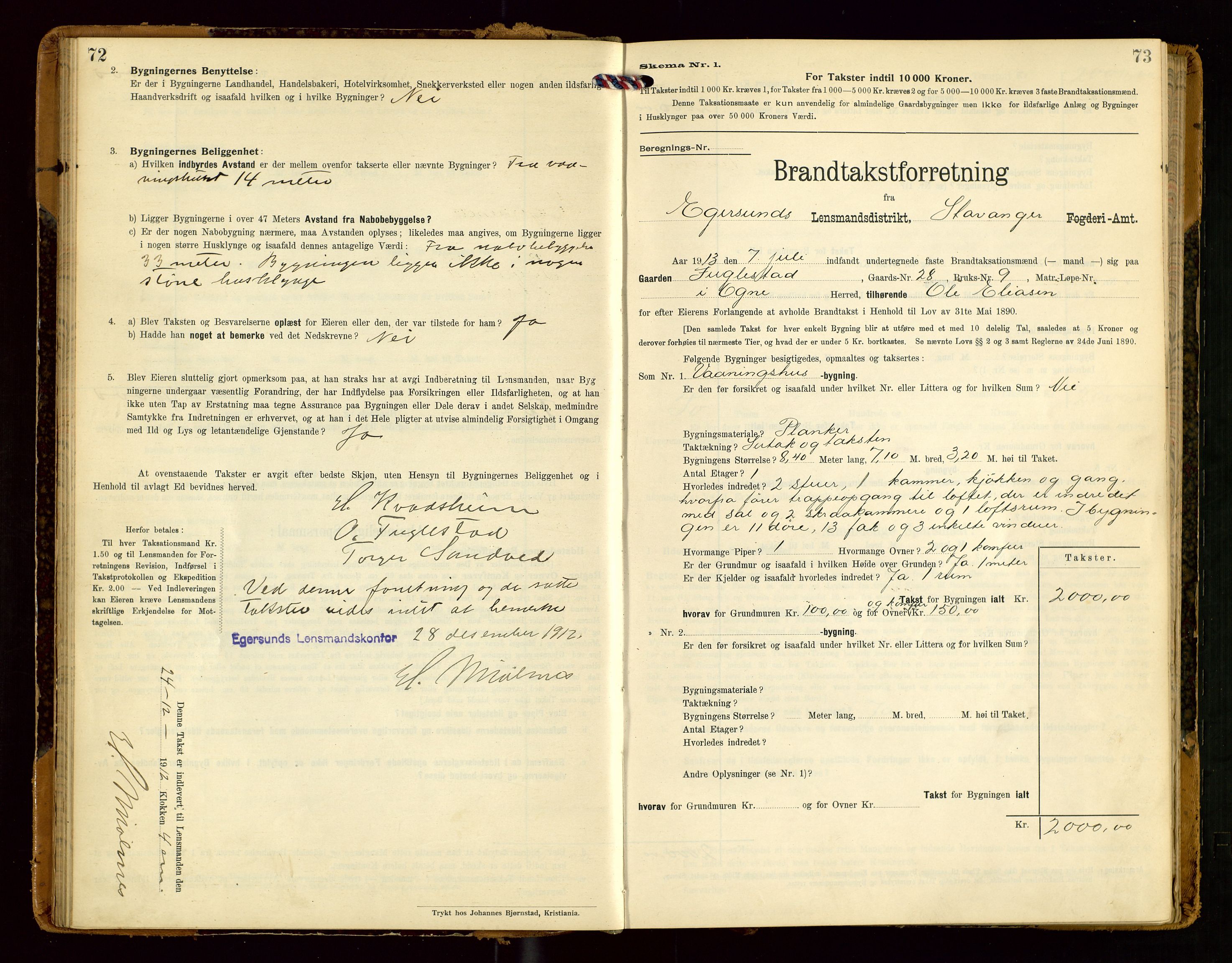 Eigersund lensmannskontor, SAST/A-100171/Gob/L0002: "Brandtakstprotokol", 1910-1916, s. 72-73