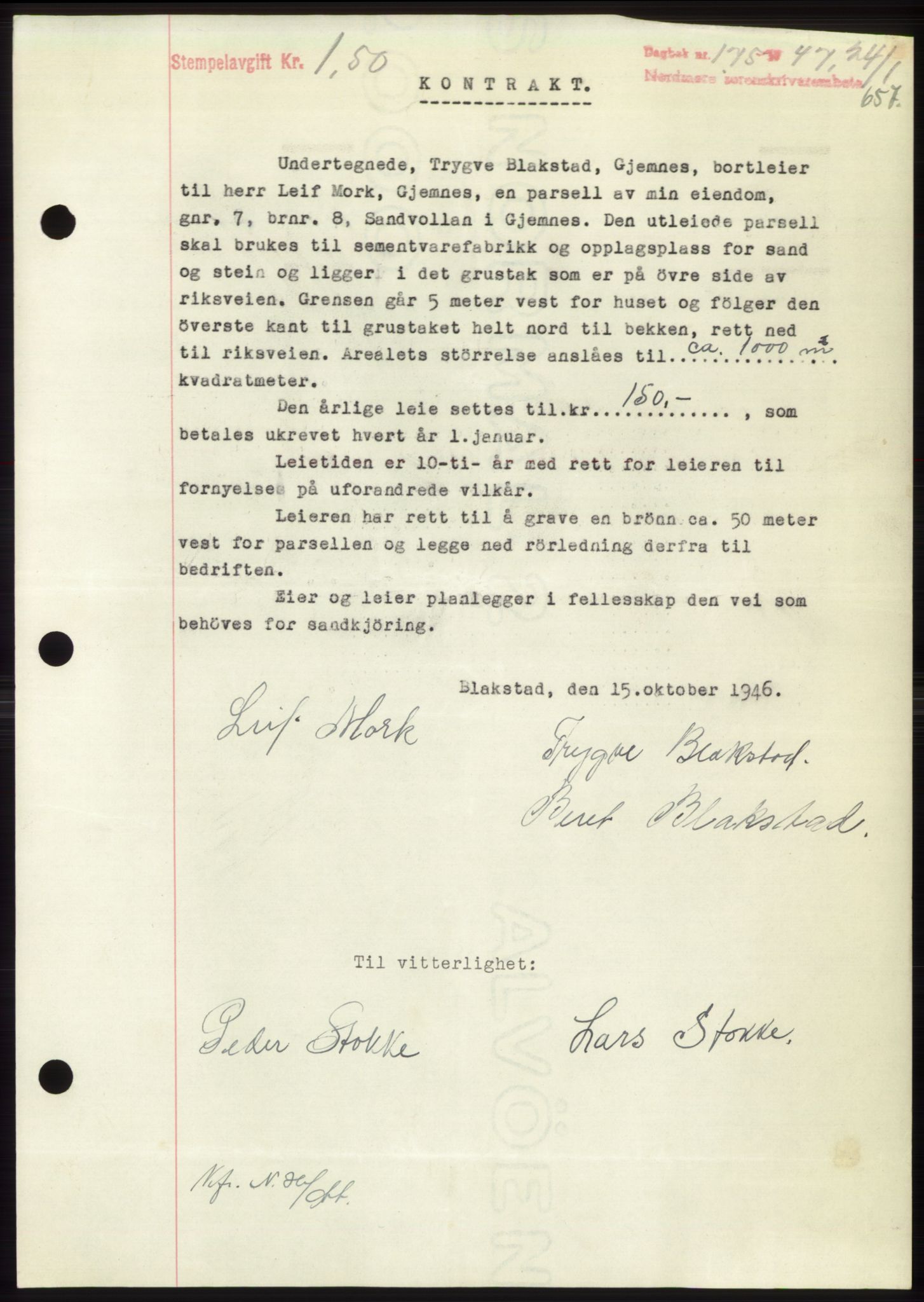 Nordmøre sorenskriveri, SAT/A-4132/1/2/2Ca: Pantebok nr. B95, 1946-1947, Dagboknr: 175/1947