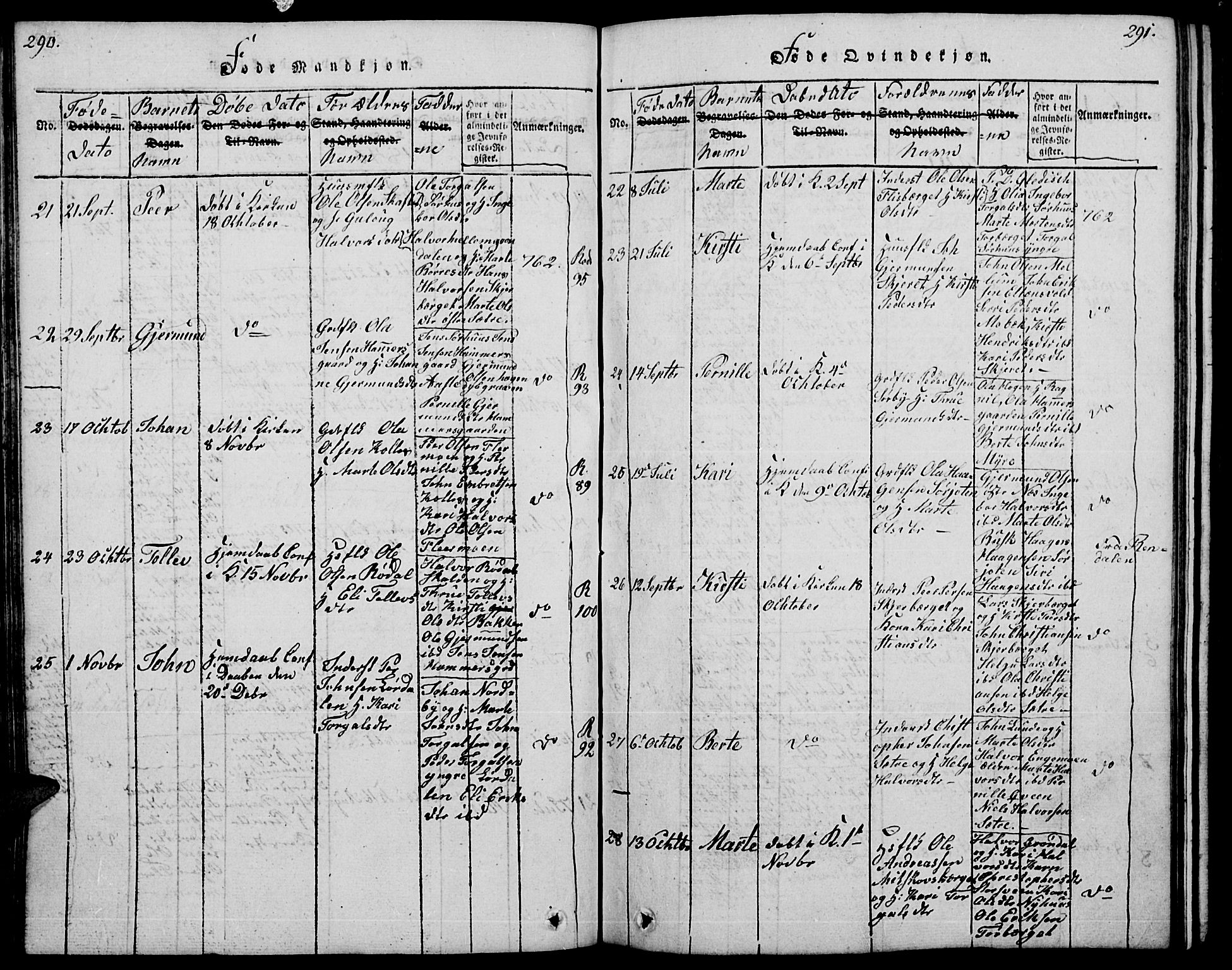 Trysil prestekontor, AV/SAH-PREST-046/H/Ha/Hab/L0004: Klokkerbok nr. 4, 1814-1841, s. 290-291