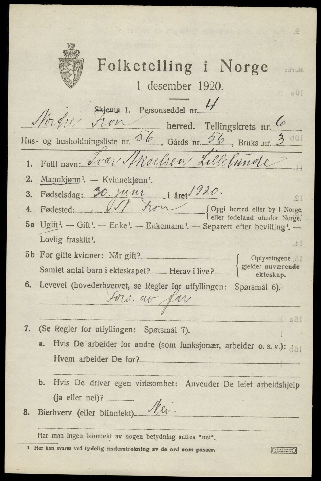 SAH, Folketelling 1920 for 0518 Nord-Fron herred, 1920, s. 5968