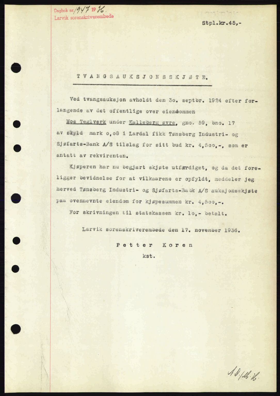 Larvik sorenskriveri, SAKO/A-83/G/Ga/Gab/L0067: Pantebok nr. A-1, 1936-1937, Dagboknr: 1947/1936