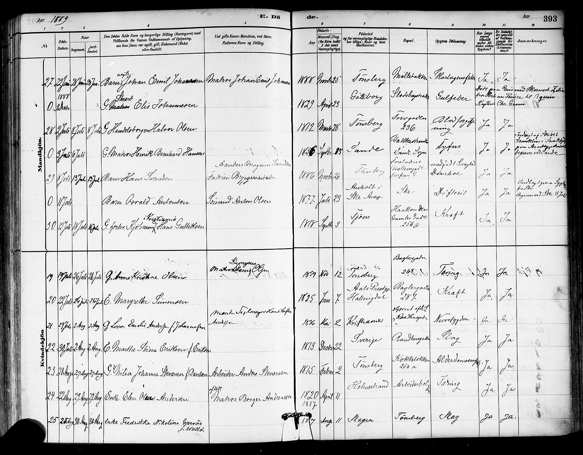 Tønsberg kirkebøker, AV/SAKO-A-330/F/Fa/L0011: Ministerialbok nr. I 11, 1881-1890, s. 393