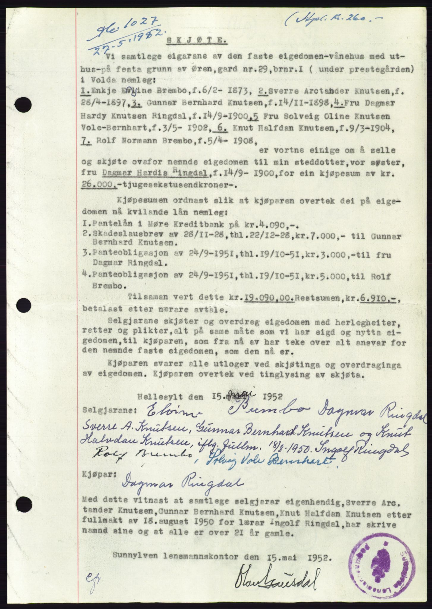 Søre Sunnmøre sorenskriveri, AV/SAT-A-4122/1/2/2C/L0092: Pantebok nr. 18A, 1952-1952, Dagboknr: 1027/1952