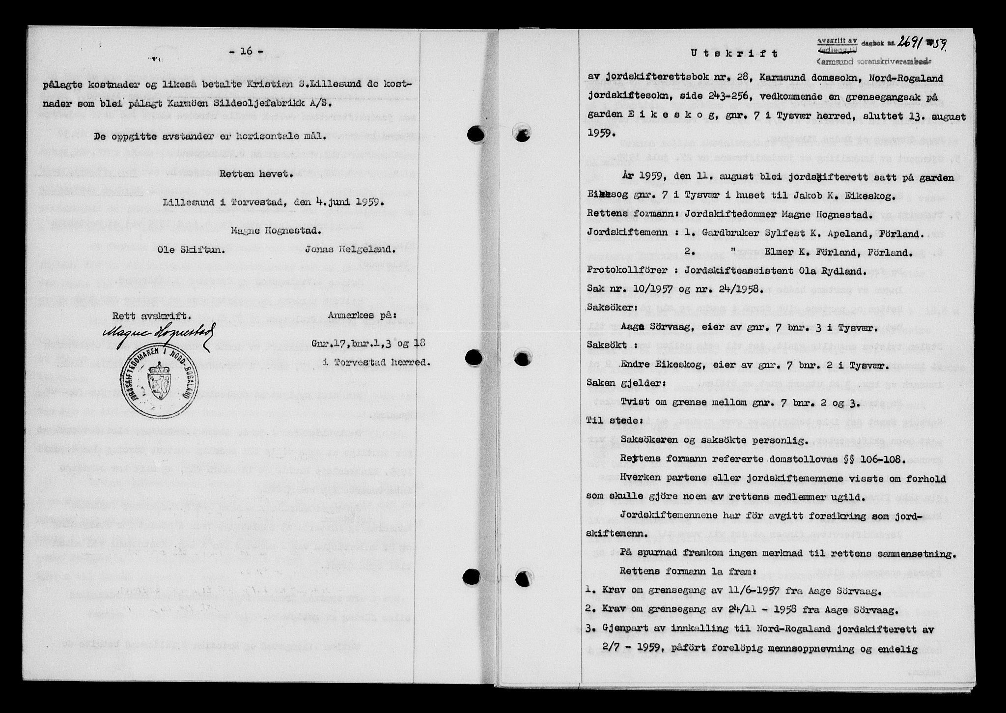 Karmsund sorenskriveri, SAST/A-100311/01/II/IIB/L0132: Pantebok nr. 112A, 1959-1959, Dagboknr: 2691/1959