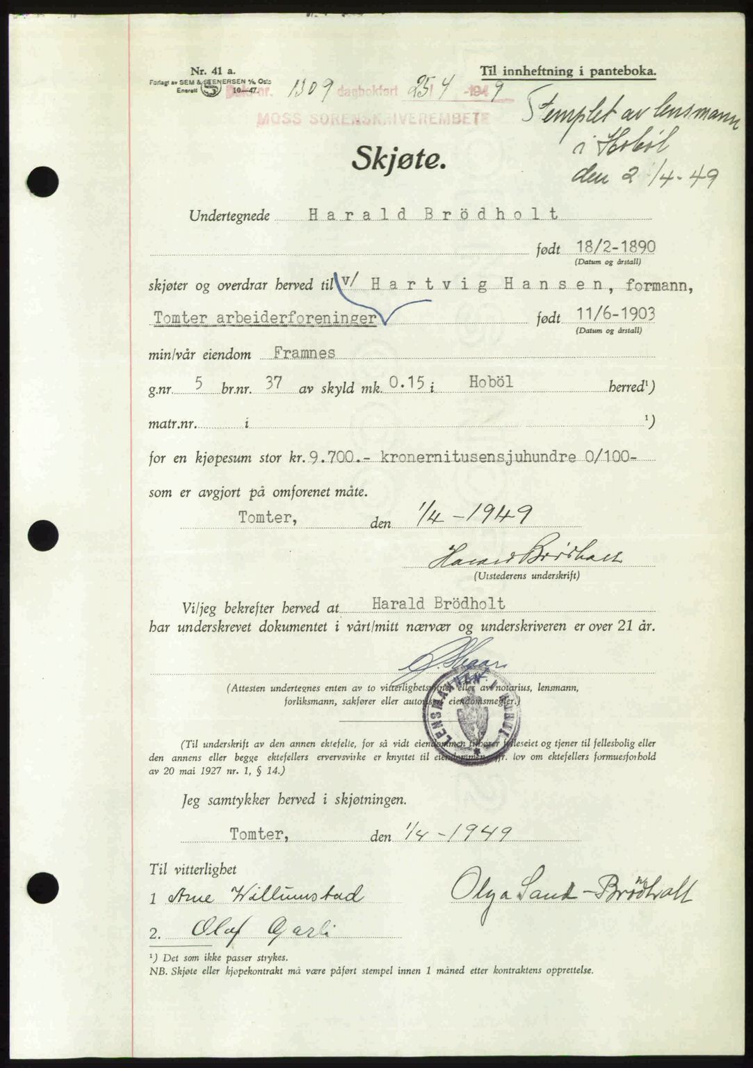 Moss sorenskriveri, AV/SAO-A-10168: Pantebok nr. A22, 1949-1949, Dagboknr: 1309/1949