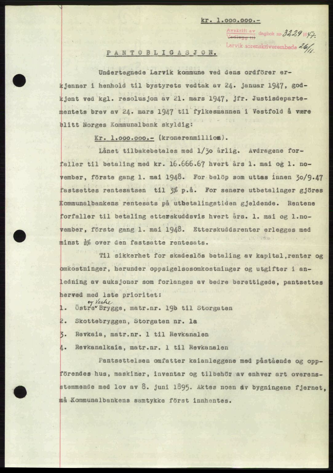 Larvik sorenskriveri, SAKO/A-83/G/Ga/Gab/L0085: Pantebok nr. A-19, 1947-1948, Dagboknr: 3229/1947