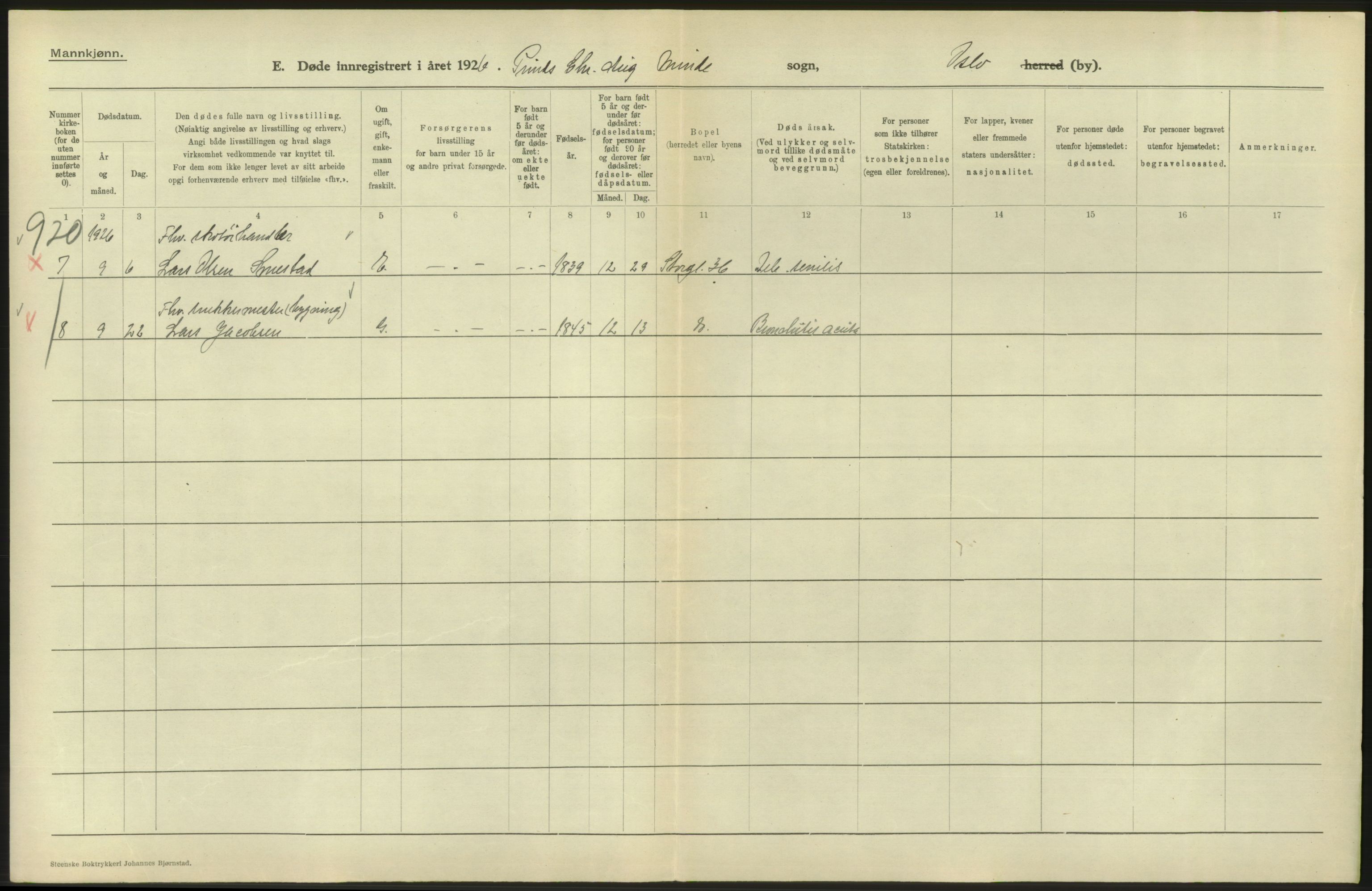 Statistisk sentralbyrå, Sosiodemografiske emner, Befolkning, AV/RA-S-2228/D/Df/Dfc/Dfcf/L0009: Oslo: Døde menn, 1926, s. 604