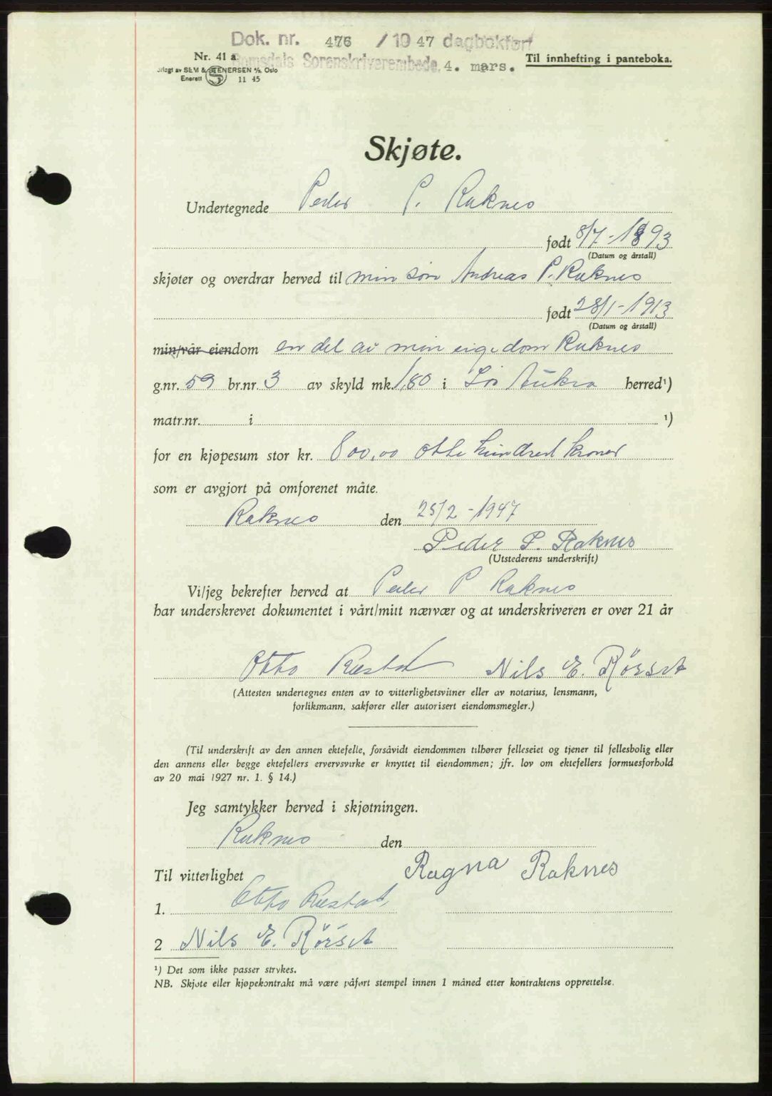 Romsdal sorenskriveri, AV/SAT-A-4149/1/2/2C: Pantebok nr. A22, 1947-1947, Dagboknr: 476/1947