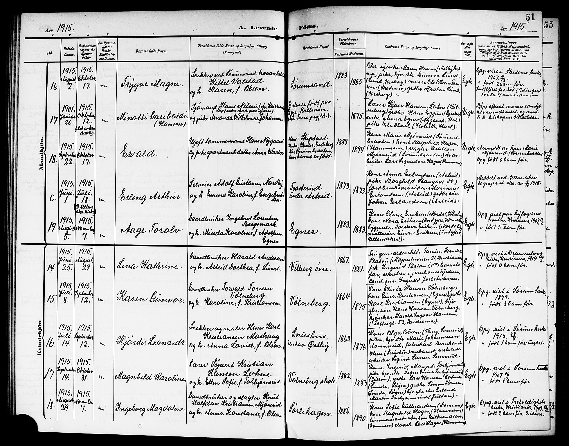 Sørum prestekontor Kirkebøker, SAO/A-10303/G/Ga/L0007: Klokkerbok nr. I 7, 1907-1917, s. 51