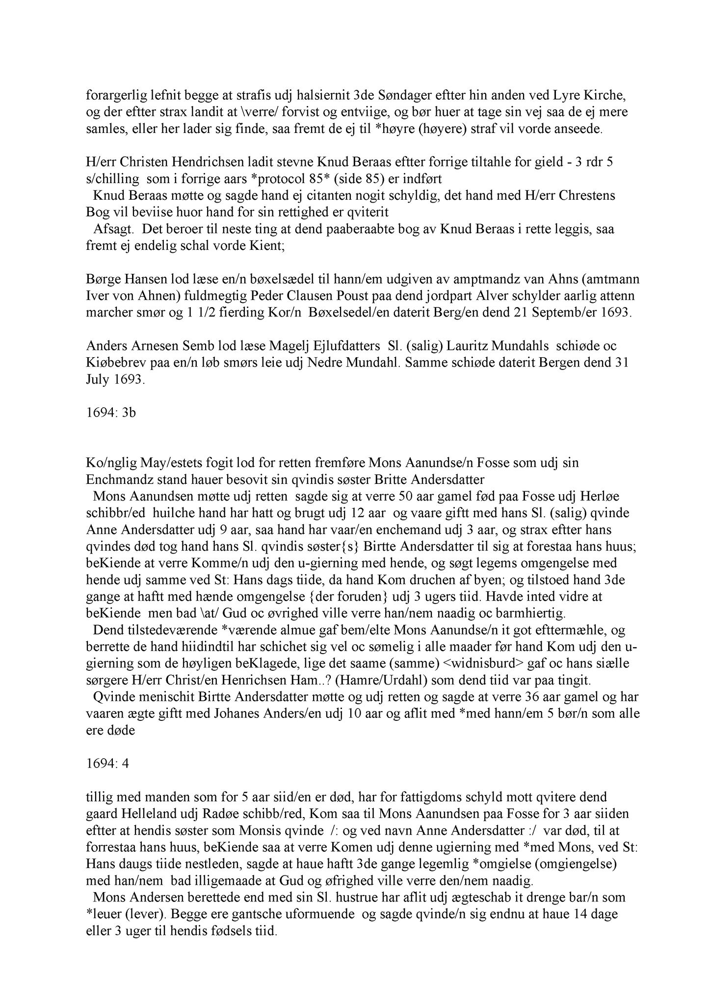 Samling av fulltekstavskrifter, SAB/FULLTEKST/A/12/0127: Nordhordland sorenskriveri, tingbok nr. A 25, 1694-1695