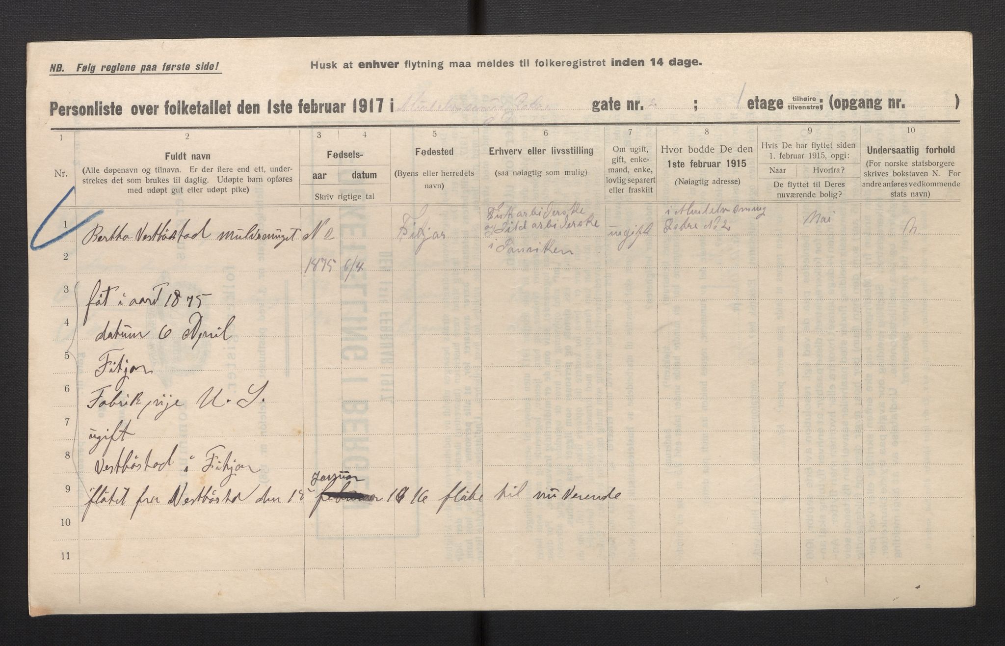 SAB, Kommunal folketelling 1917 for Bergen kjøpstad, 1917, s. 24010