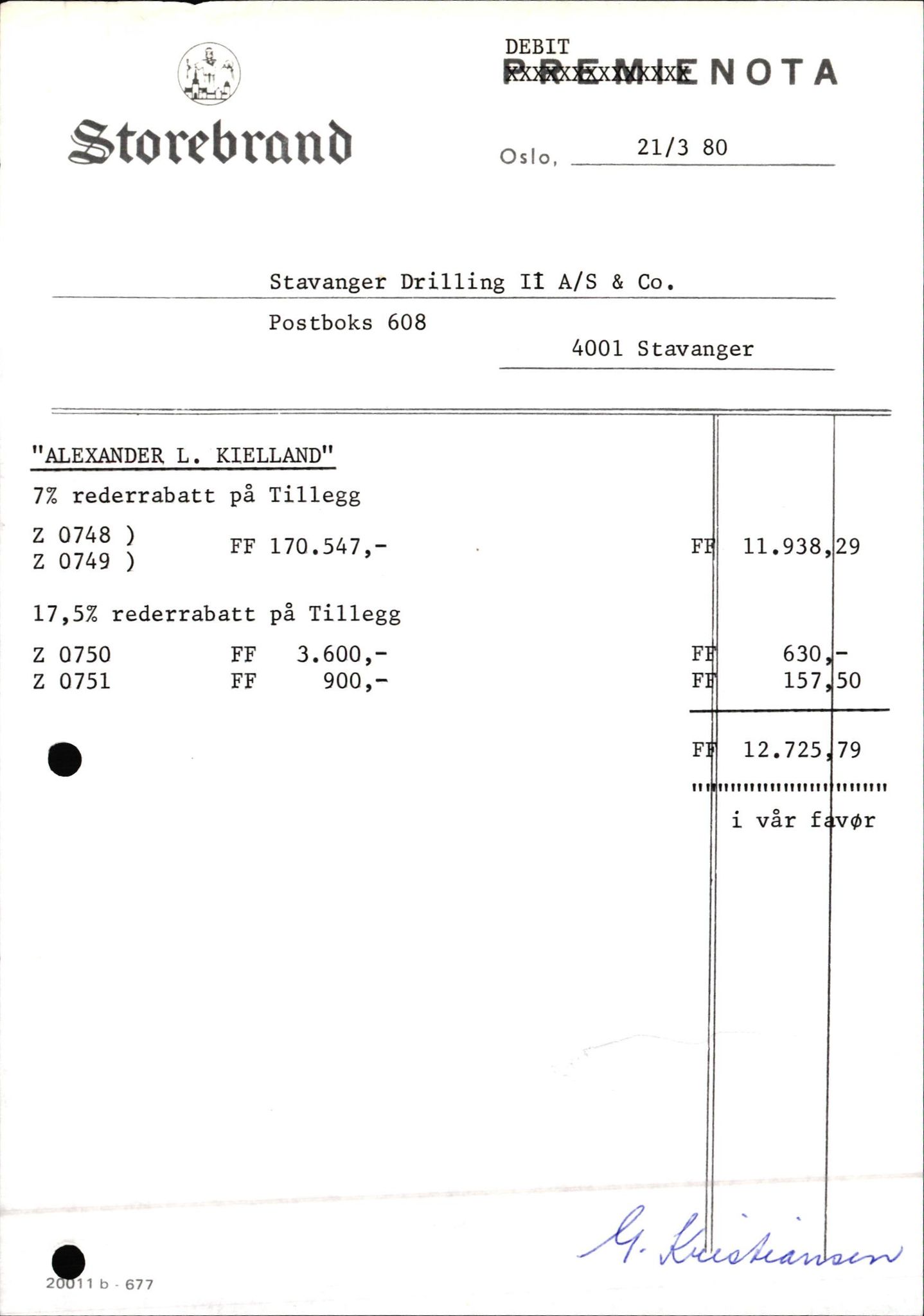 Pa 1503 - Stavanger Drilling AS, AV/SAST-A-101906/2/E/Eb/Eba/L0023: Alexander L. Kielland forsikring, 1976-1980