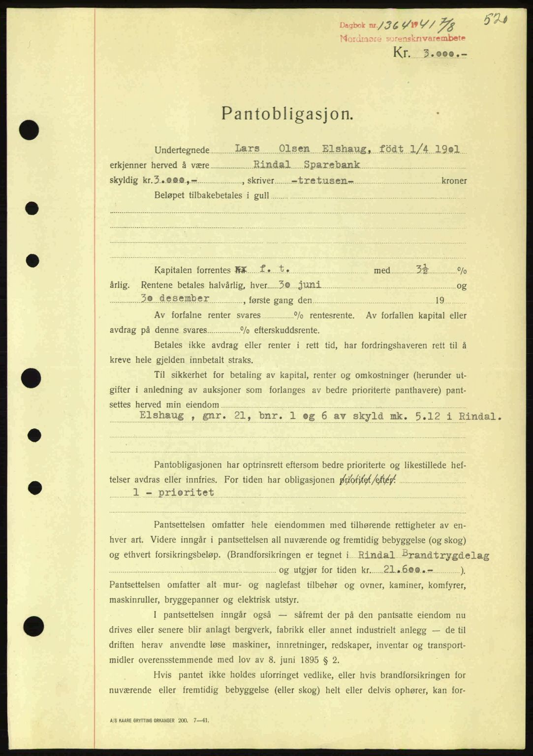 Nordmøre sorenskriveri, SAT/A-4132/1/2/2Ca: Pantebok nr. B88, 1941-1942, Dagboknr: 1364/1941