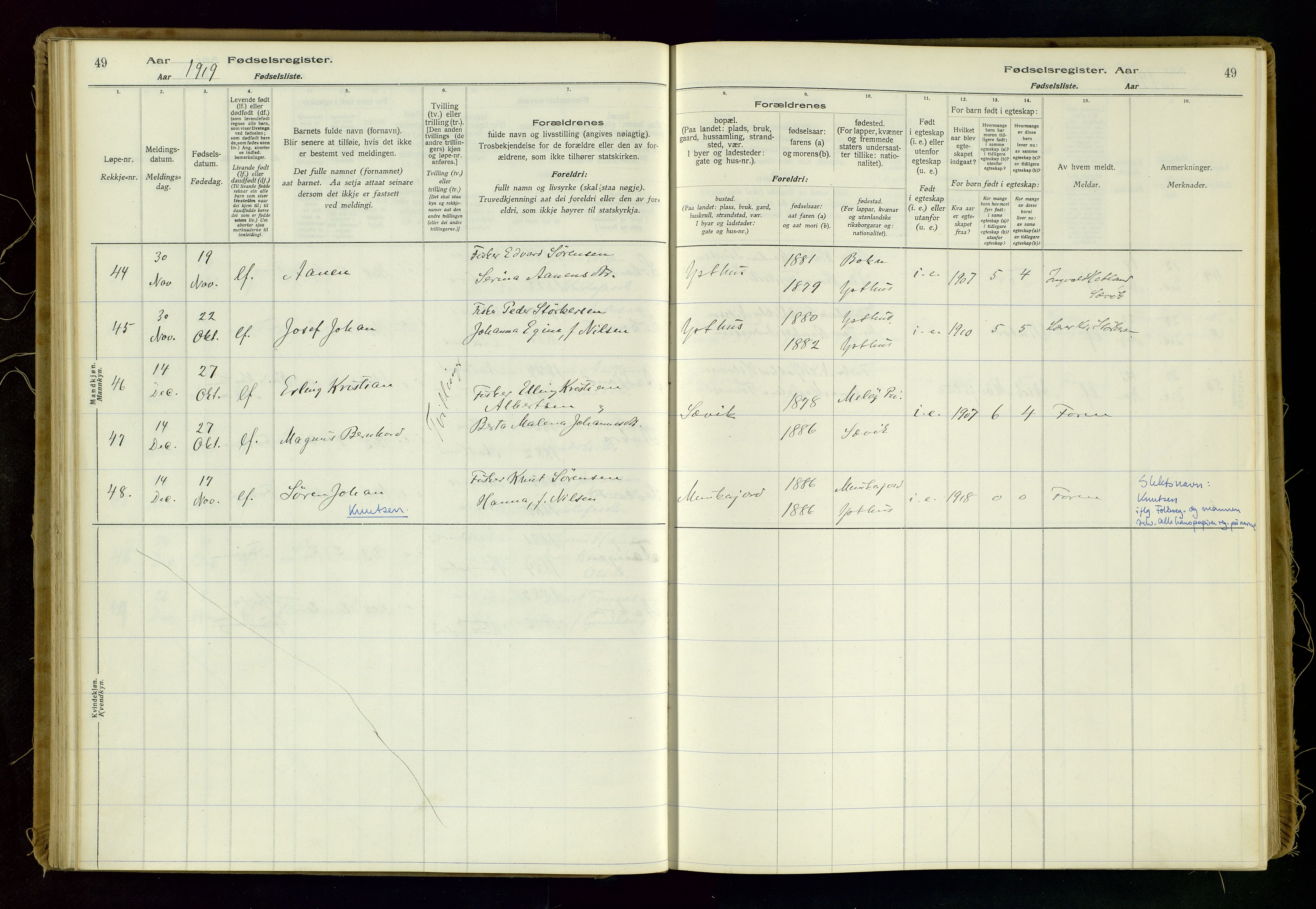 Kopervik sokneprestkontor, AV/SAST-A-101850/I/Id/L0006: Fødselsregister nr. 6, 1916-1934, s. 49